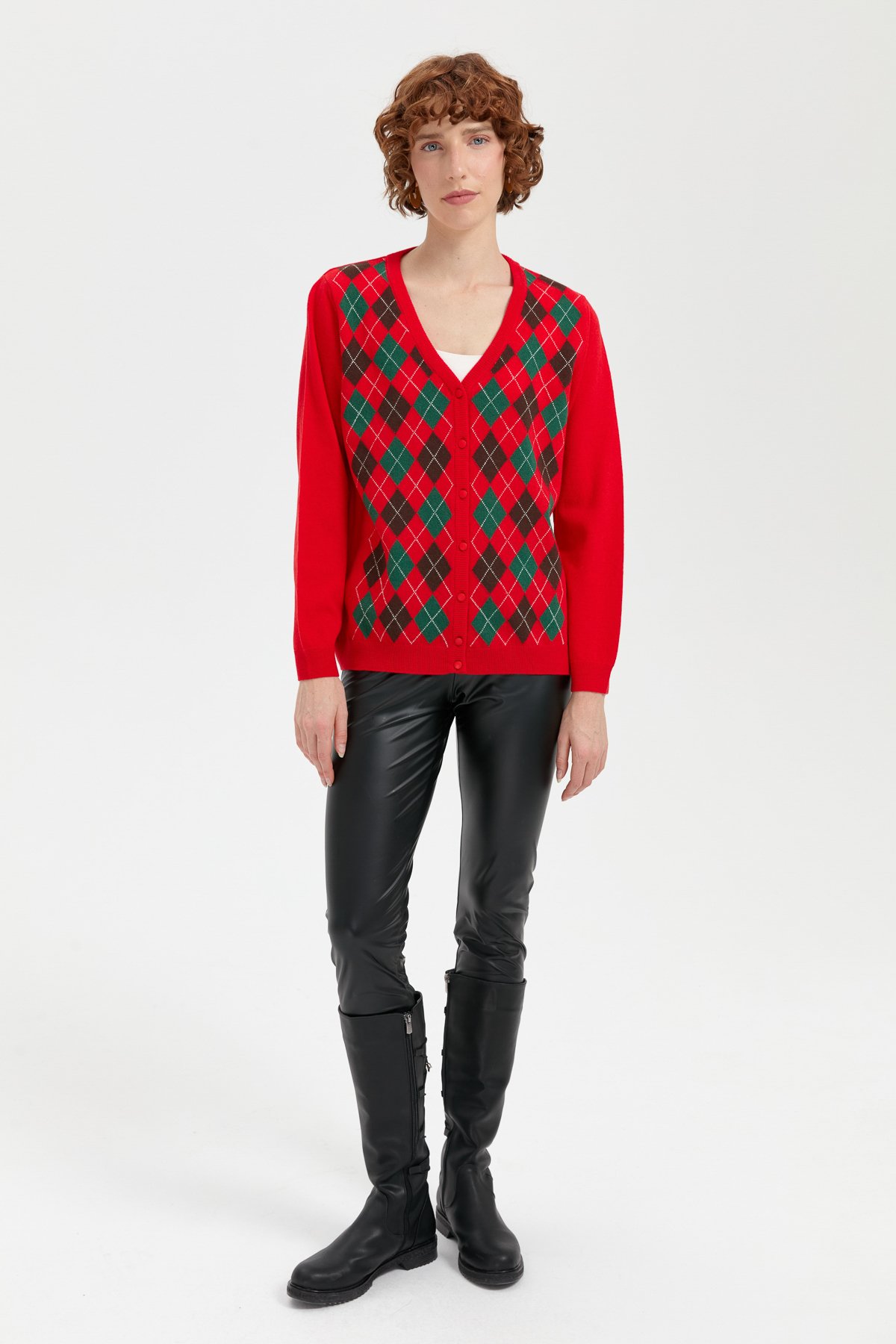 24040Kadın V Yaka Önü Baklavalı Hırka Mercan