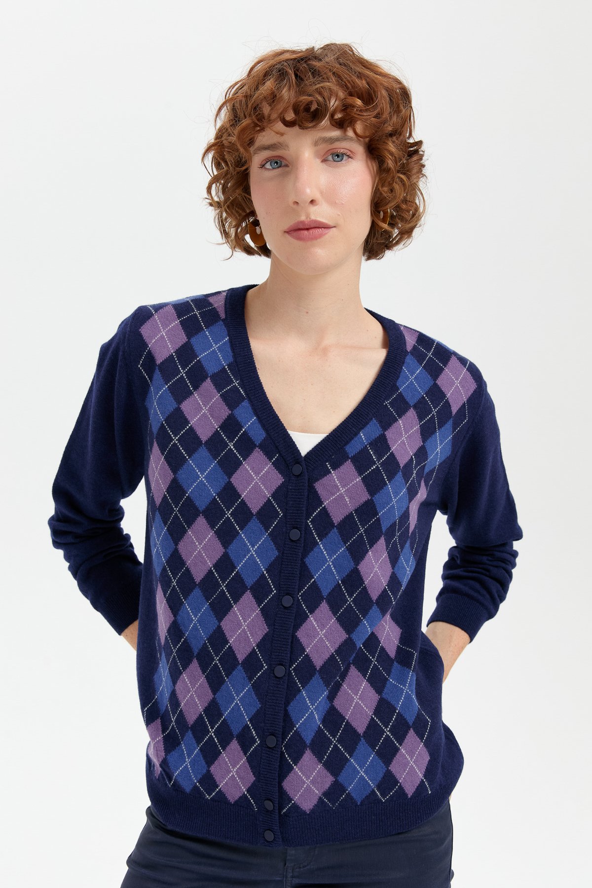 24040Kadın V Yaka Önü Baklavalı Hırka Y.A Lacivert