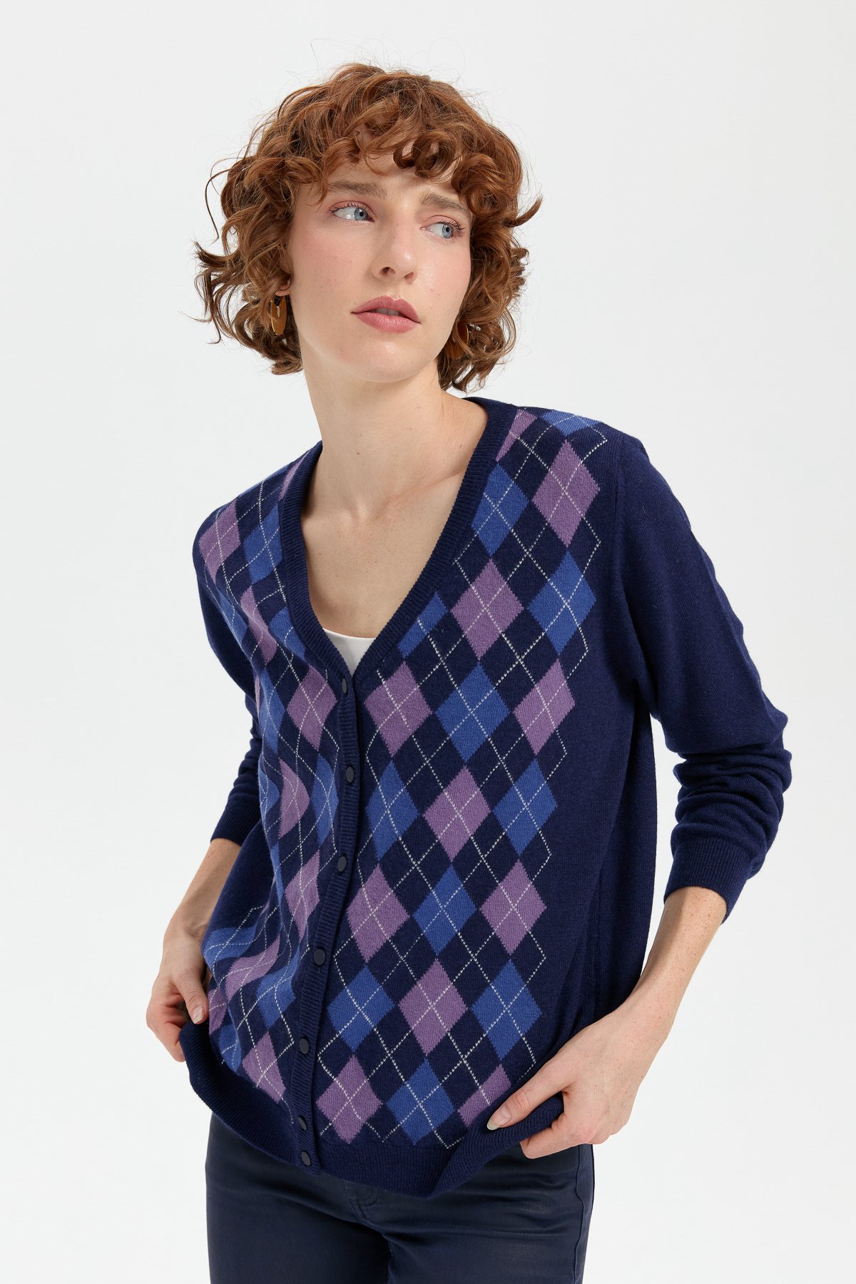 24040Kadın V Yaka Önü Baklavalı Hırka Y.A Lacivert