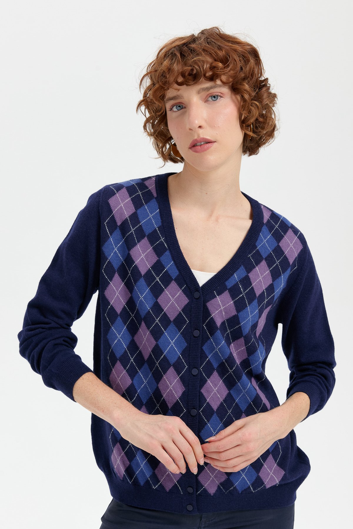 24040Kadın V Yaka Önü Baklavalı Hırka Y.A Lacivert