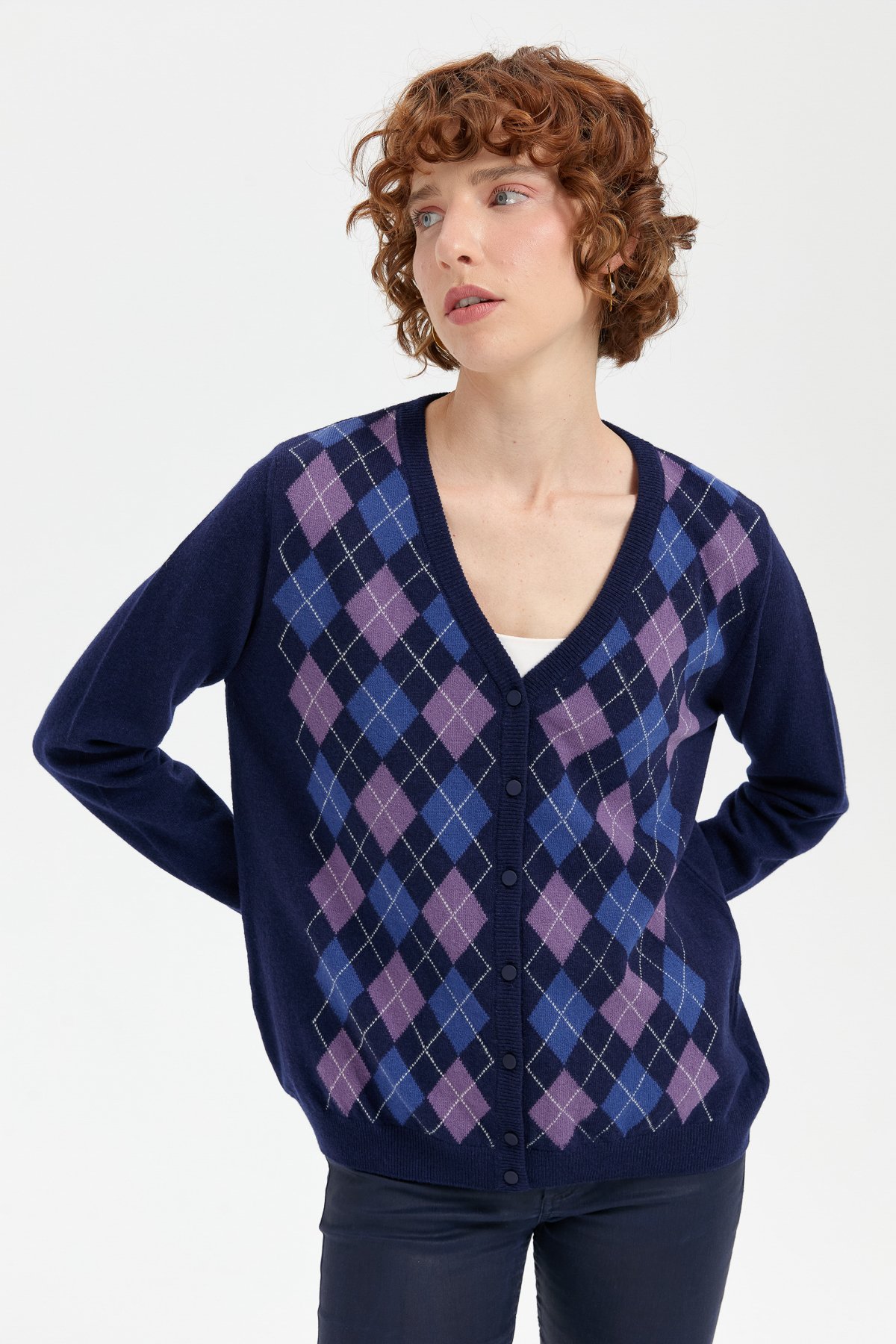 24040Kadın V Yaka Önü Baklavalı Hırka Y.A Lacivert