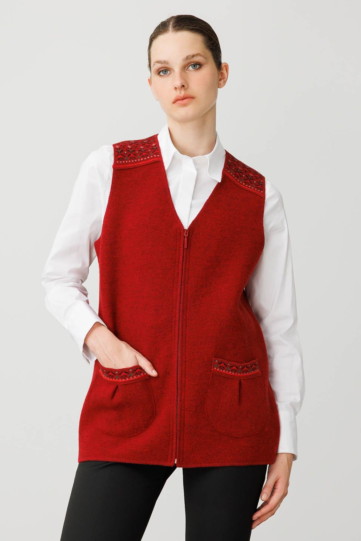 25017Kadın V Yaka Önü Keçe Fermuarlı Kısa Yün Yelek Y.Kırmızı