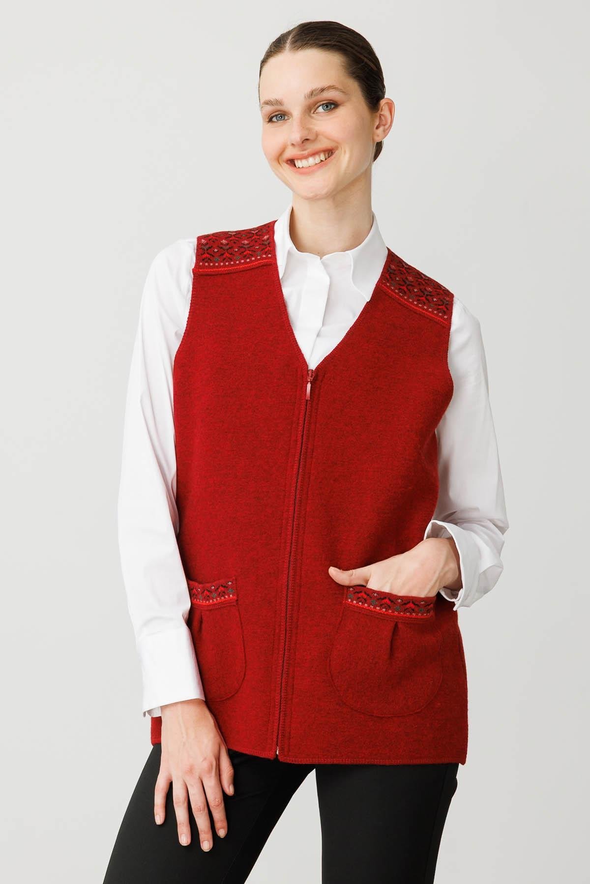 25017Kadın V Yaka Önü Keçe Fermuarlı Kısa Yün Yelek Y.Kırmızı