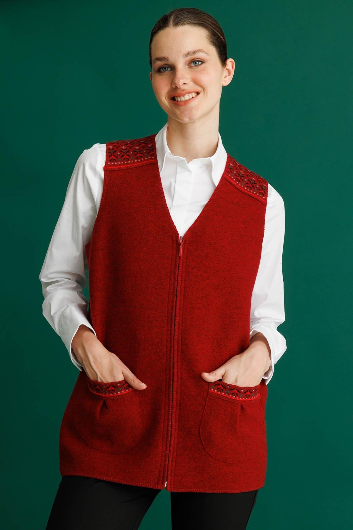 25017Kadın V Yaka Önü Keçe Fermuarlı Kısa Yün Yelek Y.Kırmızı