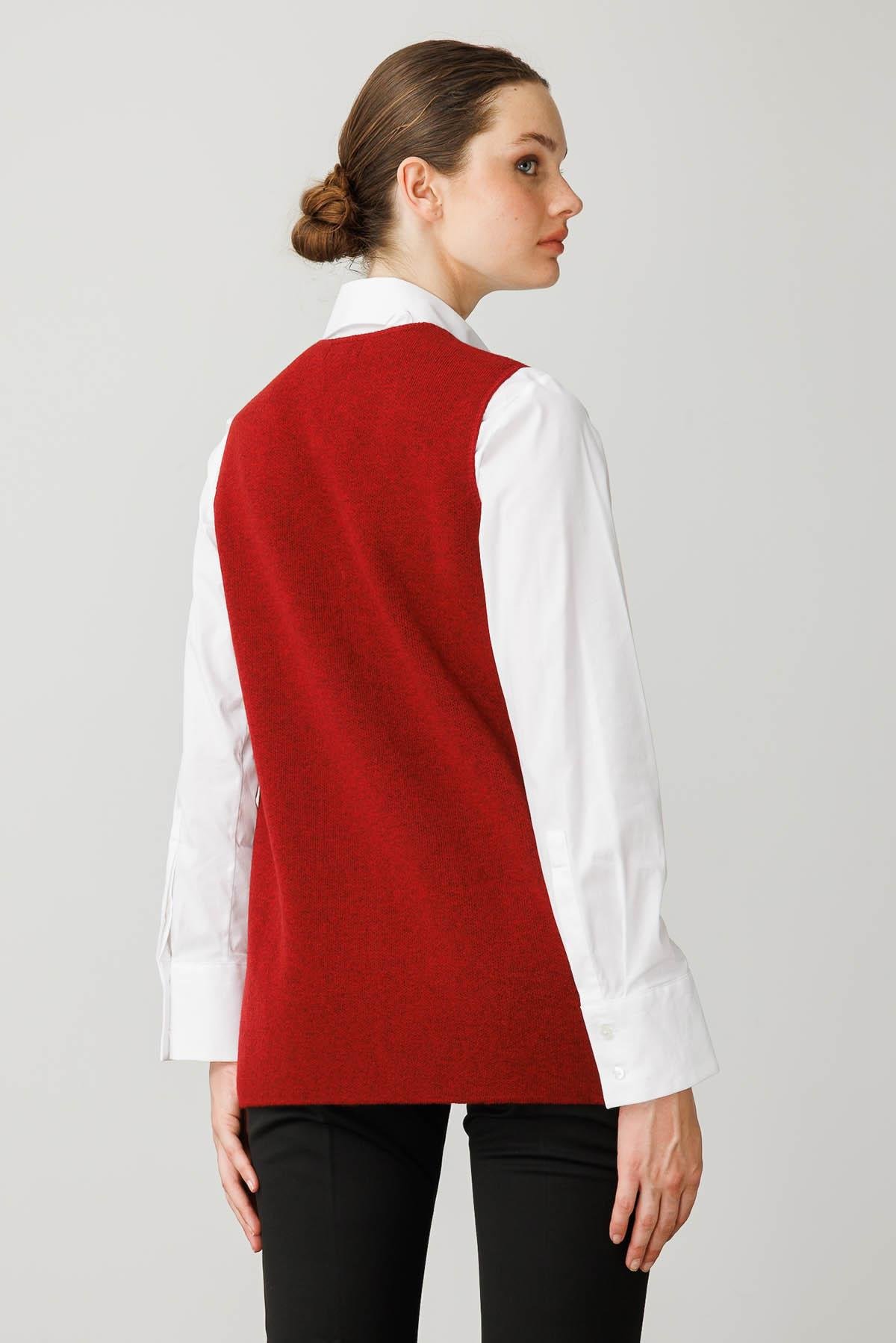 25017Kadın V Yaka Önü Keçe Fermuarlı Kısa Yün Yelek Y.Kırmızı