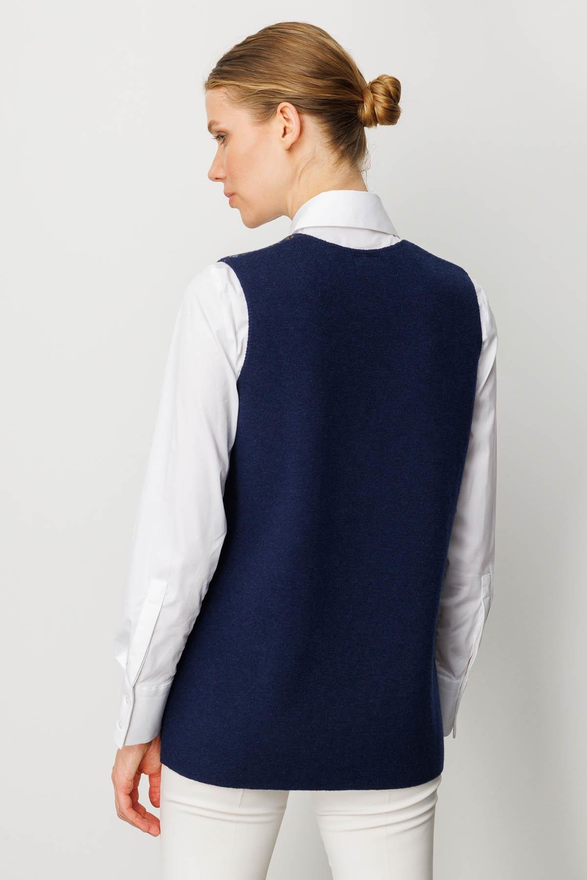 25017Kadın V Yaka Önü Keçe Fermuarlı Kısa Yün Yelek Y.A.Lacivert