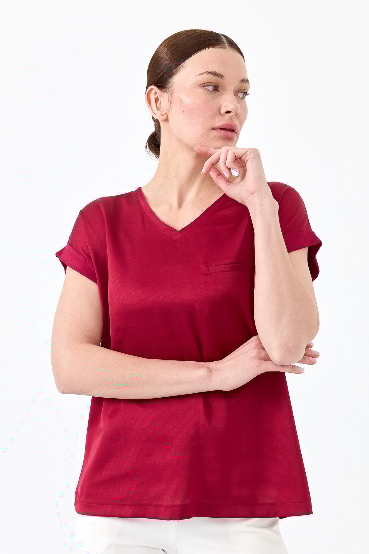 22706Kadın V Yaka Önü Saten Bluz Bordo