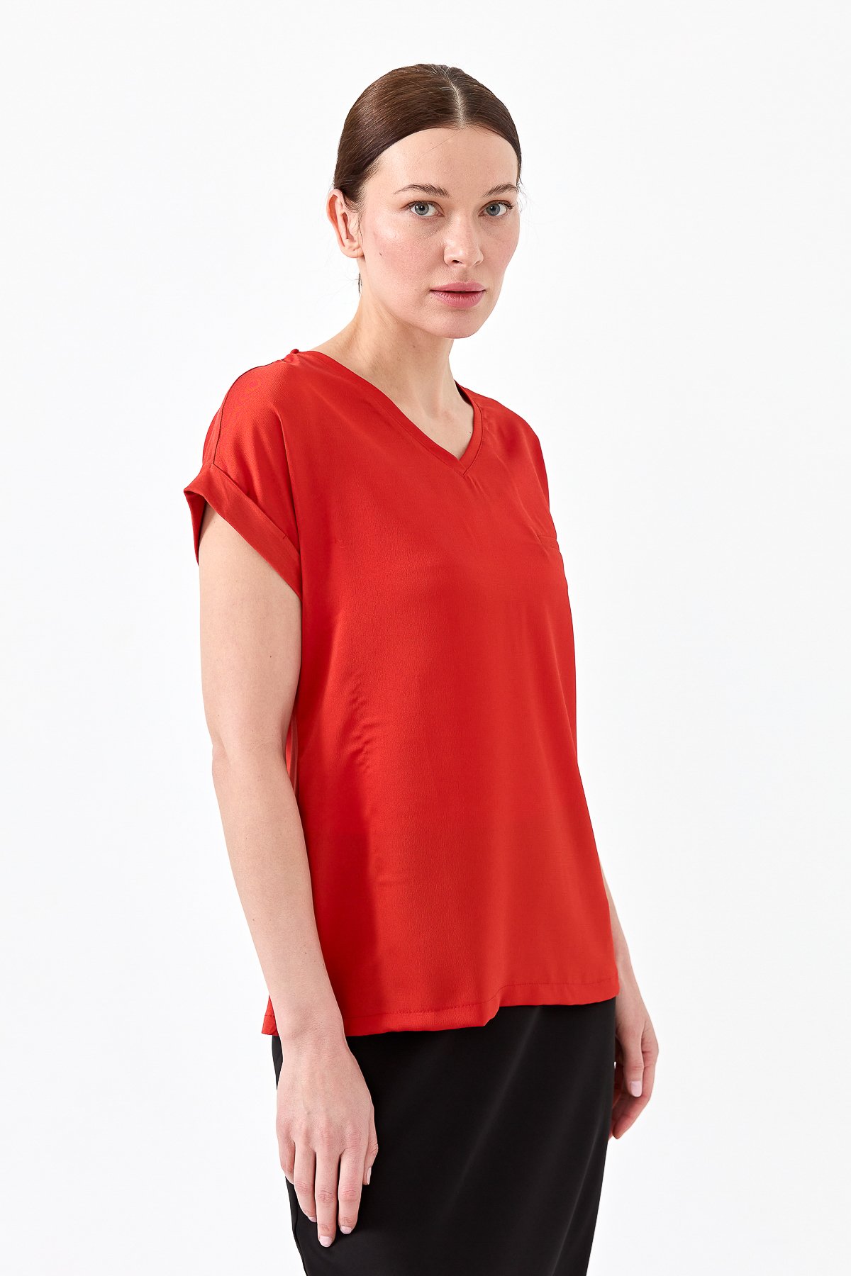 22706Kadın V Yaka Önü Saten Bluz Oranj