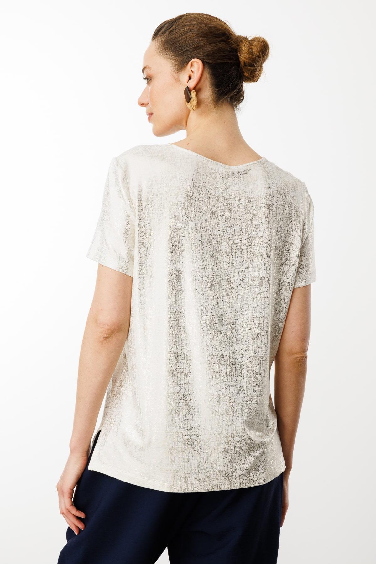 25812Kadın V Yaka Parlak Baskılı Penye T-Shirt Beyaz