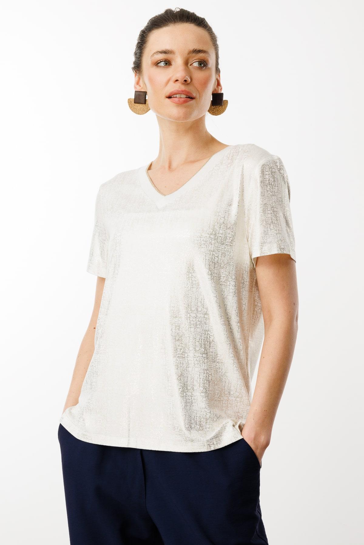 25812Kadın V Yaka Parlak Baskılı Penye T-Shirt Beyaz