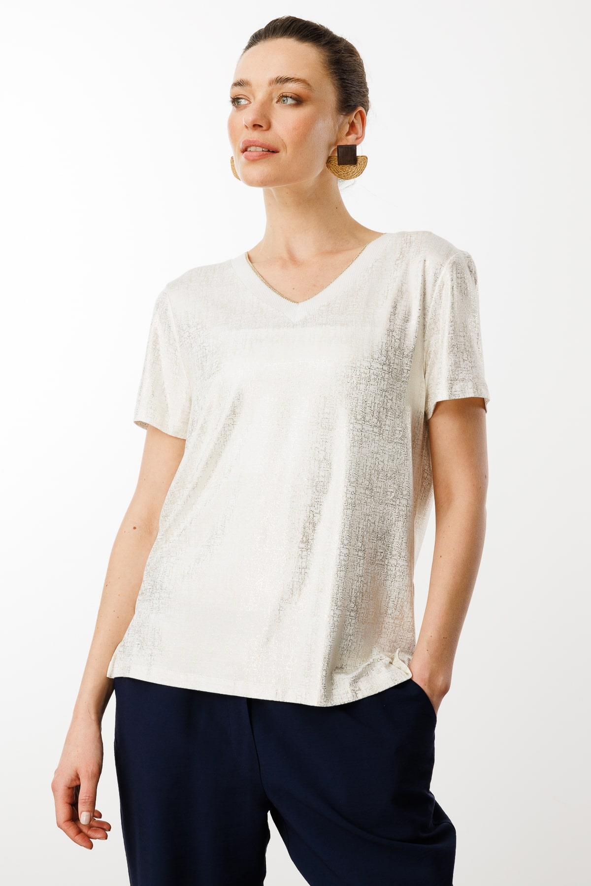 25812Kadın V Yaka Parlak Baskılı Penye T-Shirt Beyaz