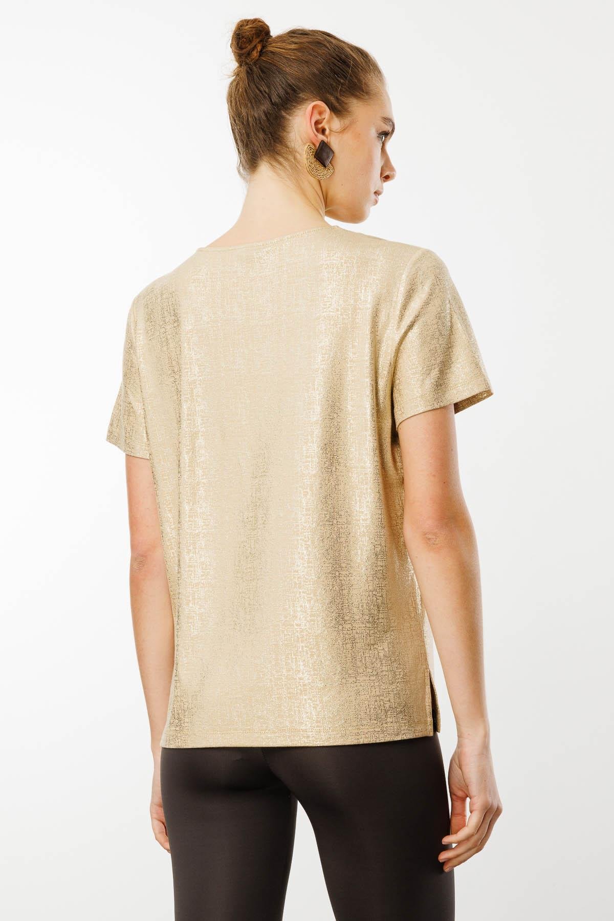 25812Kadın V Yaka Parlak Baskılı Penye T-Shirt Vizon