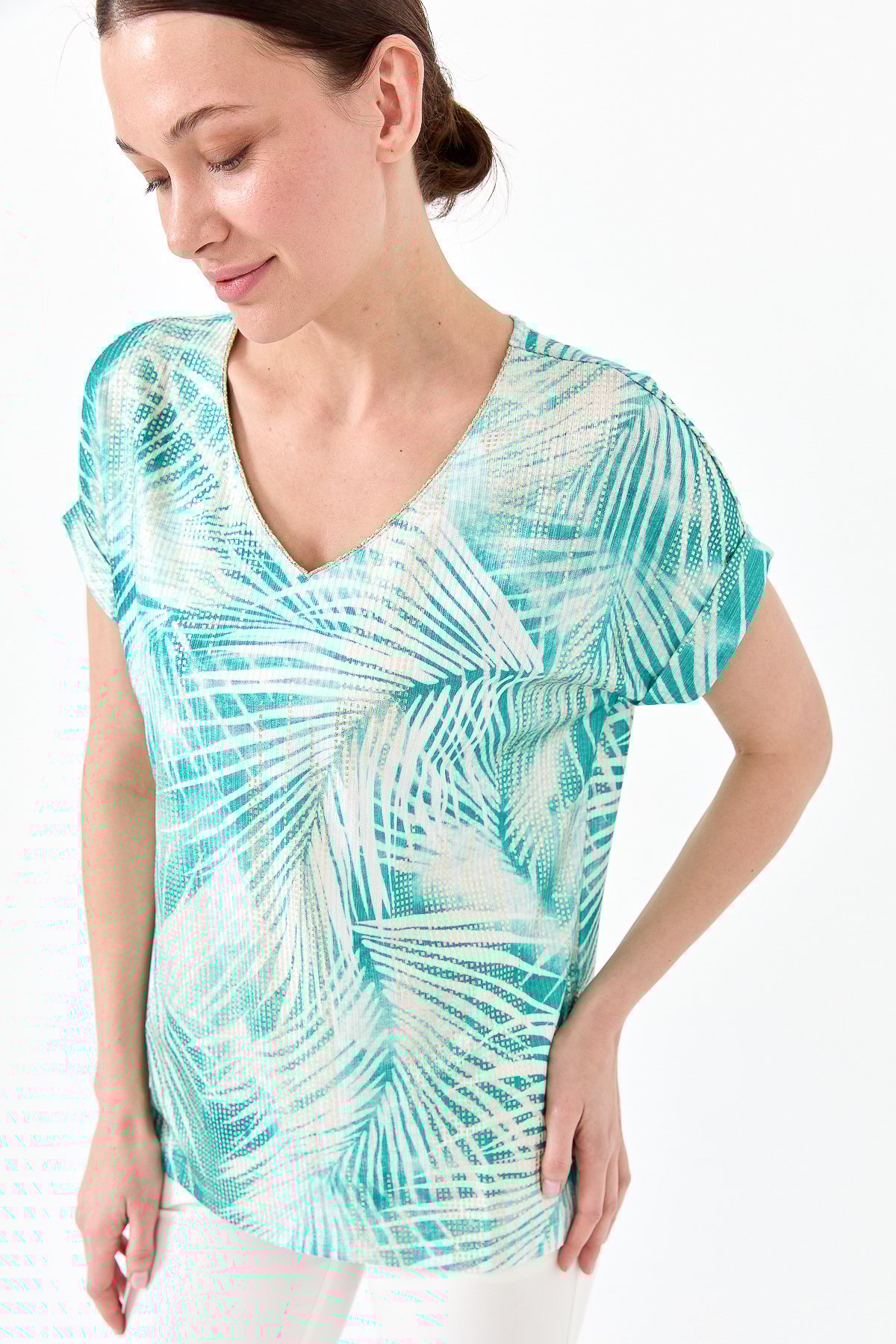 23460Kadın V Yaka Parlak Kumaş Penye Bluz Yeşil