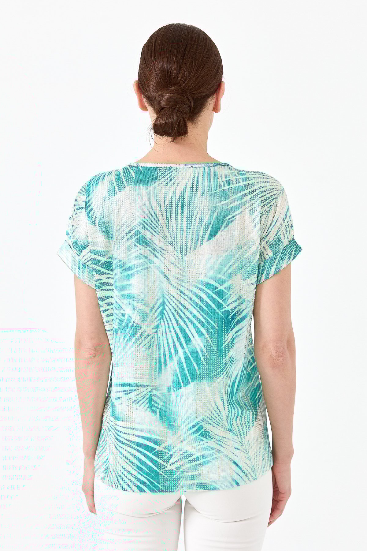 23460Kadın V Yaka Parlak Kumaş Penye Bluz Yeşil