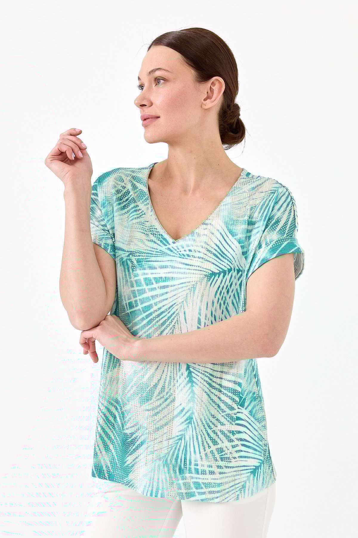 23460Kadın V Yaka Parlak Kumaş Penye Bluz Yeşil