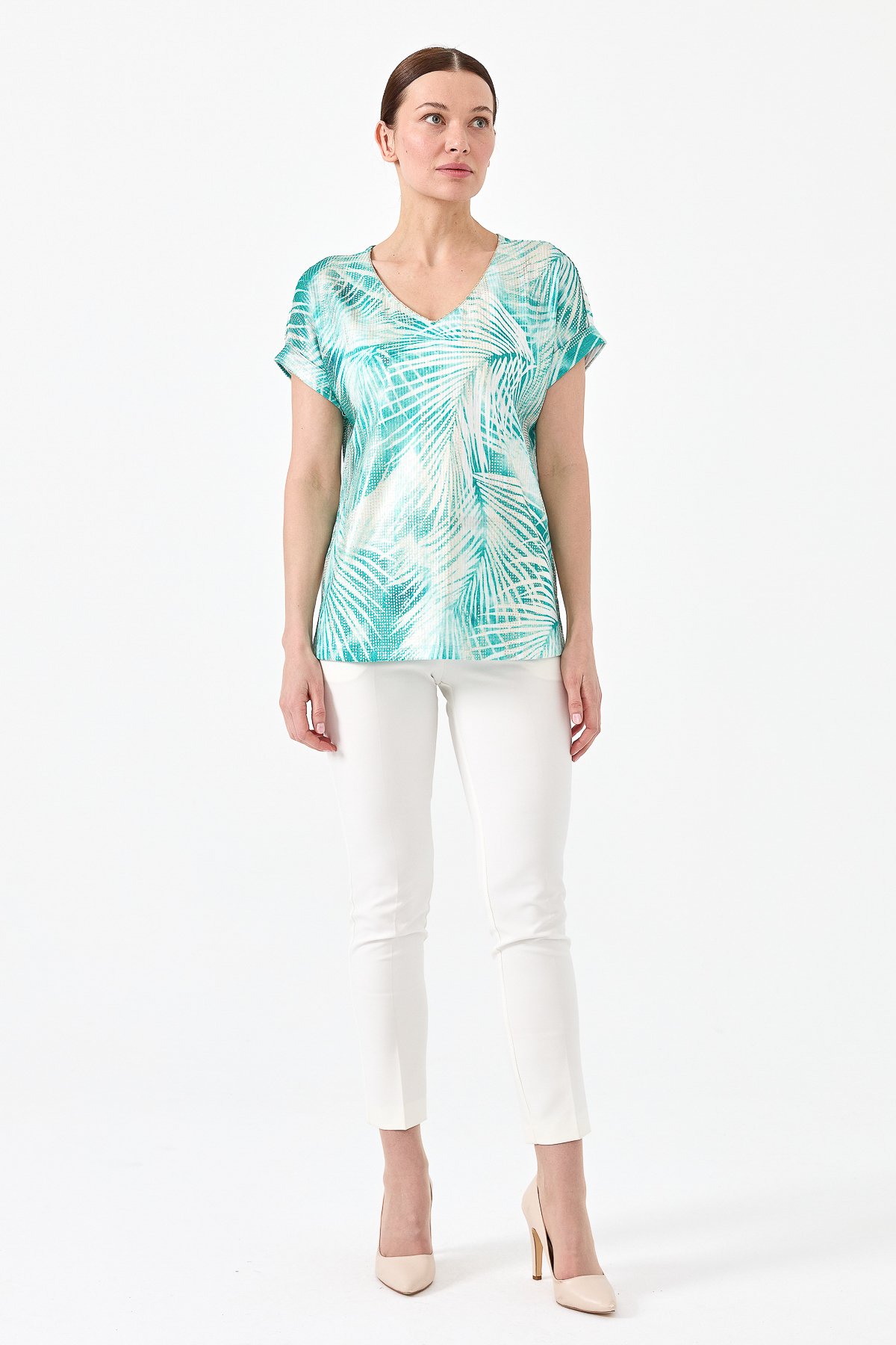 23460Kadın V Yaka Parlak Kumaş Penye Bluz Yeşil