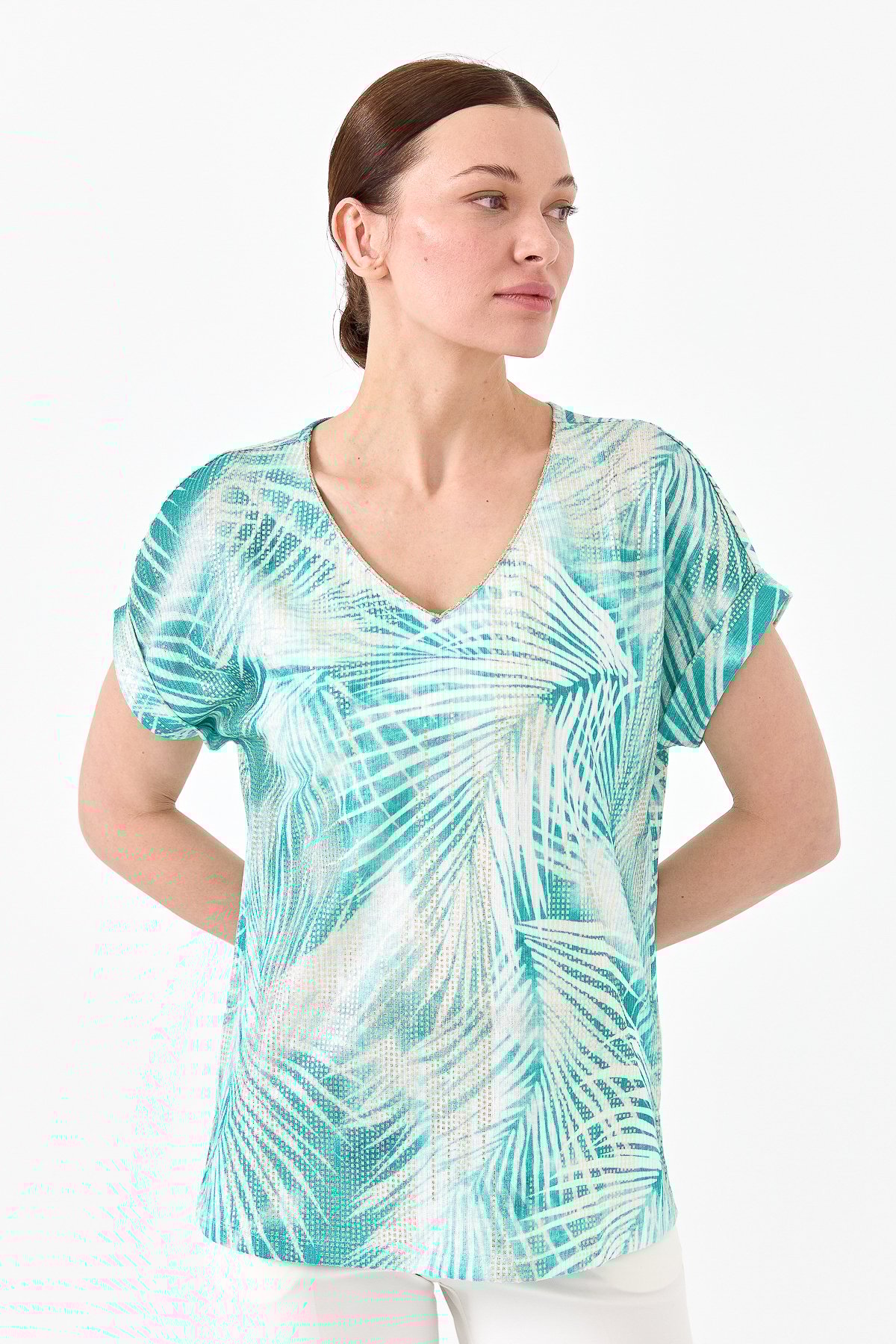 23460Kadın V Yaka Parlak Kumaş Penye Bluz Yeşil