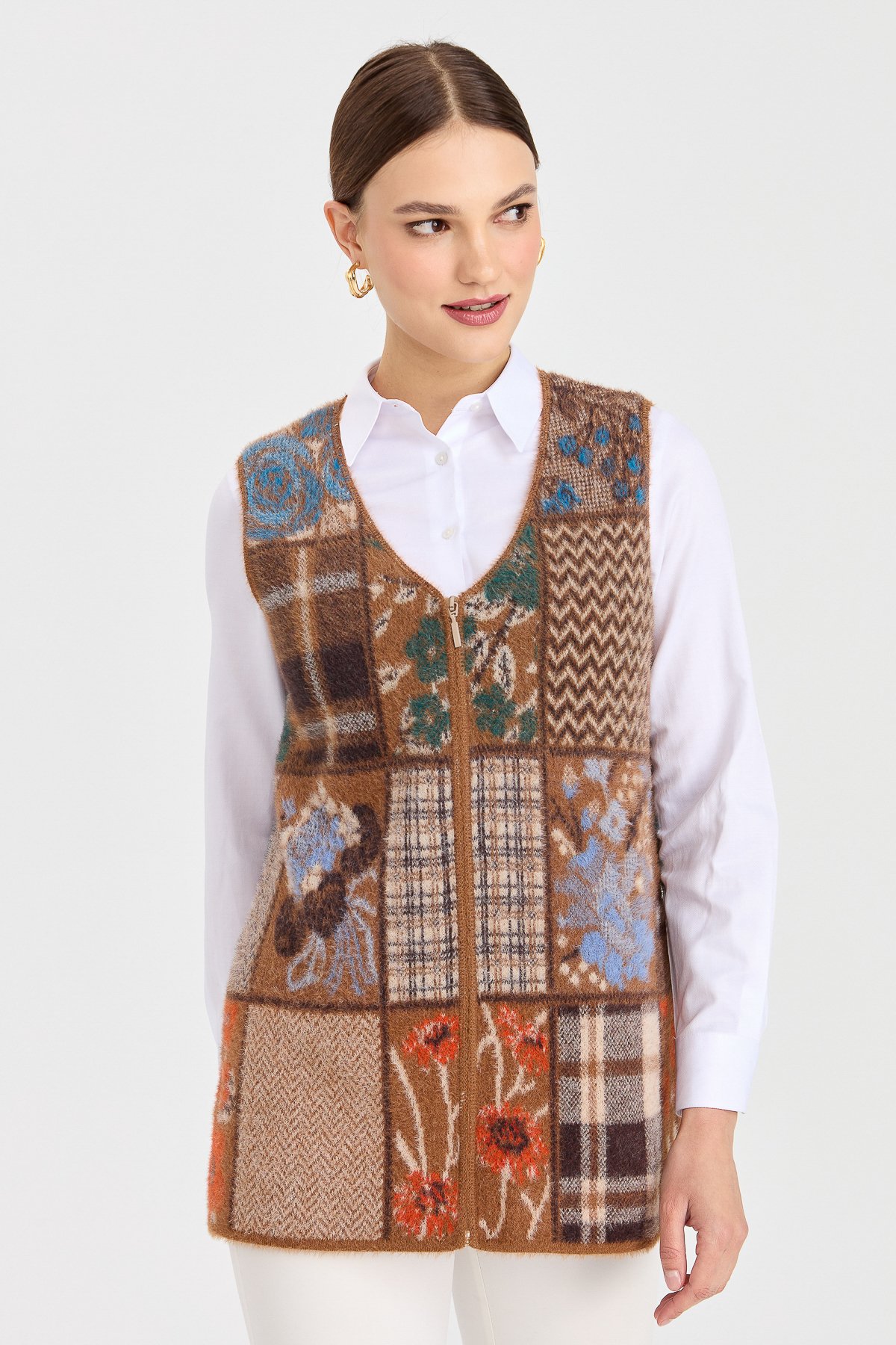 3999Kadın V Yaka Patchwork Yelek Viski