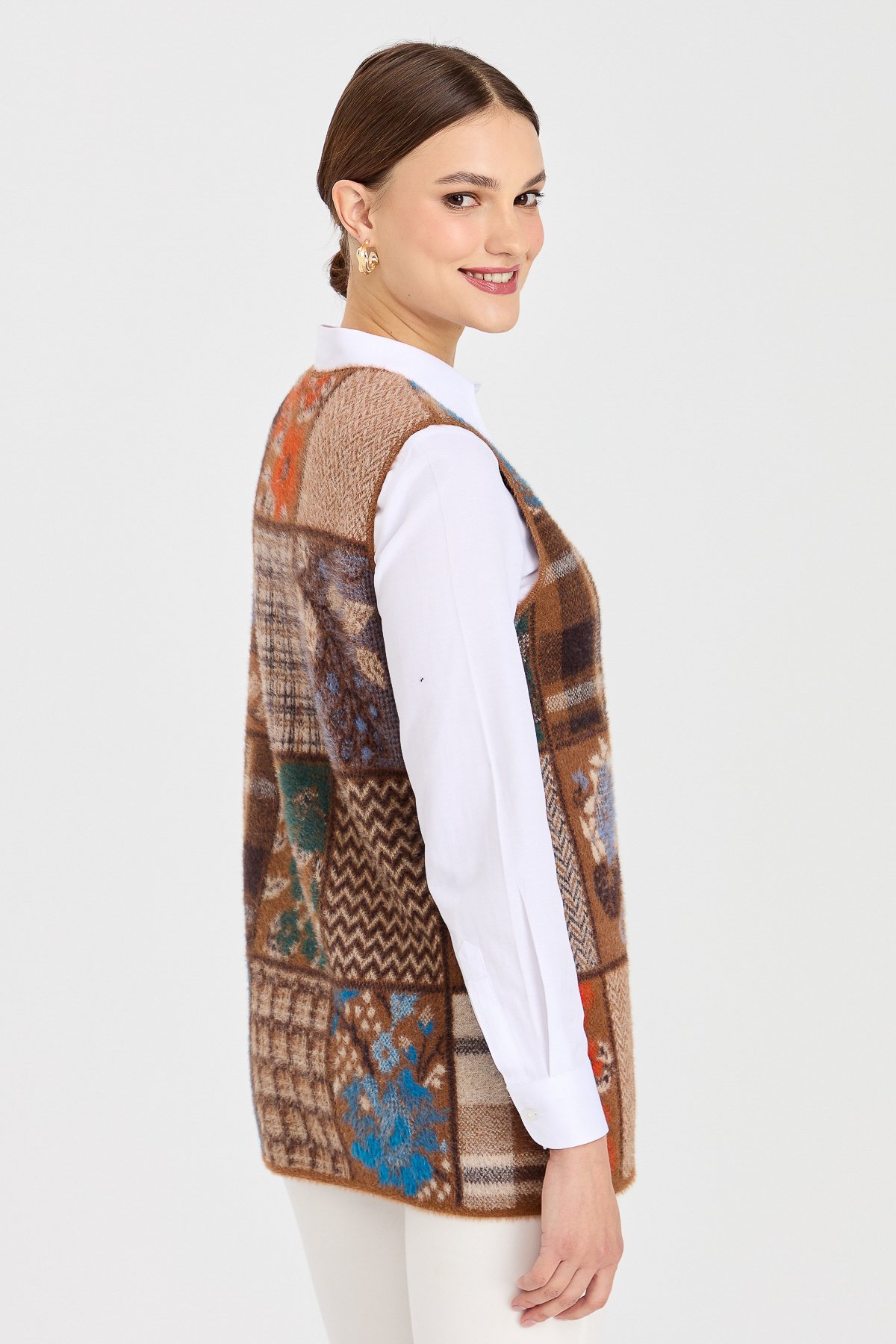 3999Kadın V Yaka Patchwork Yelek Viski