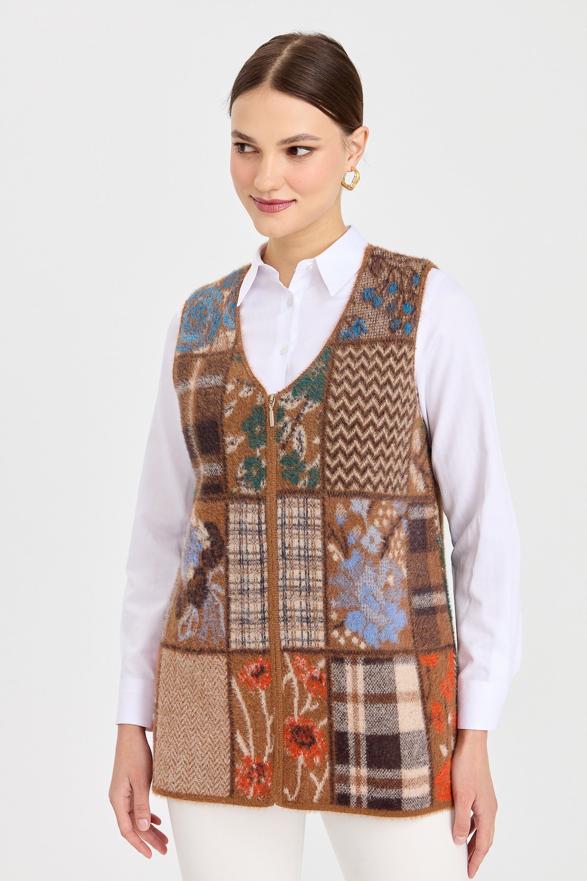 3999Kadın V Yaka Patchwork Yelek Viski