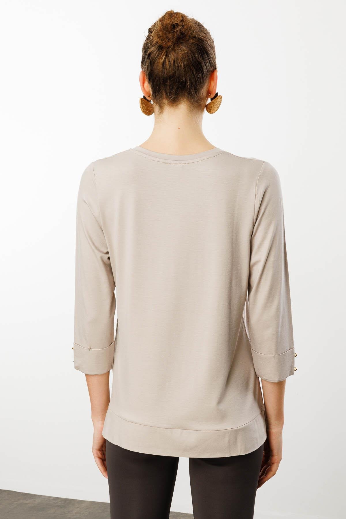 25753Kadın V Yaka Penye Bluz Bej