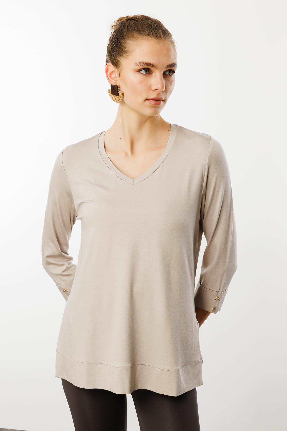25753Kadın V Yaka Penye Bluz Bej