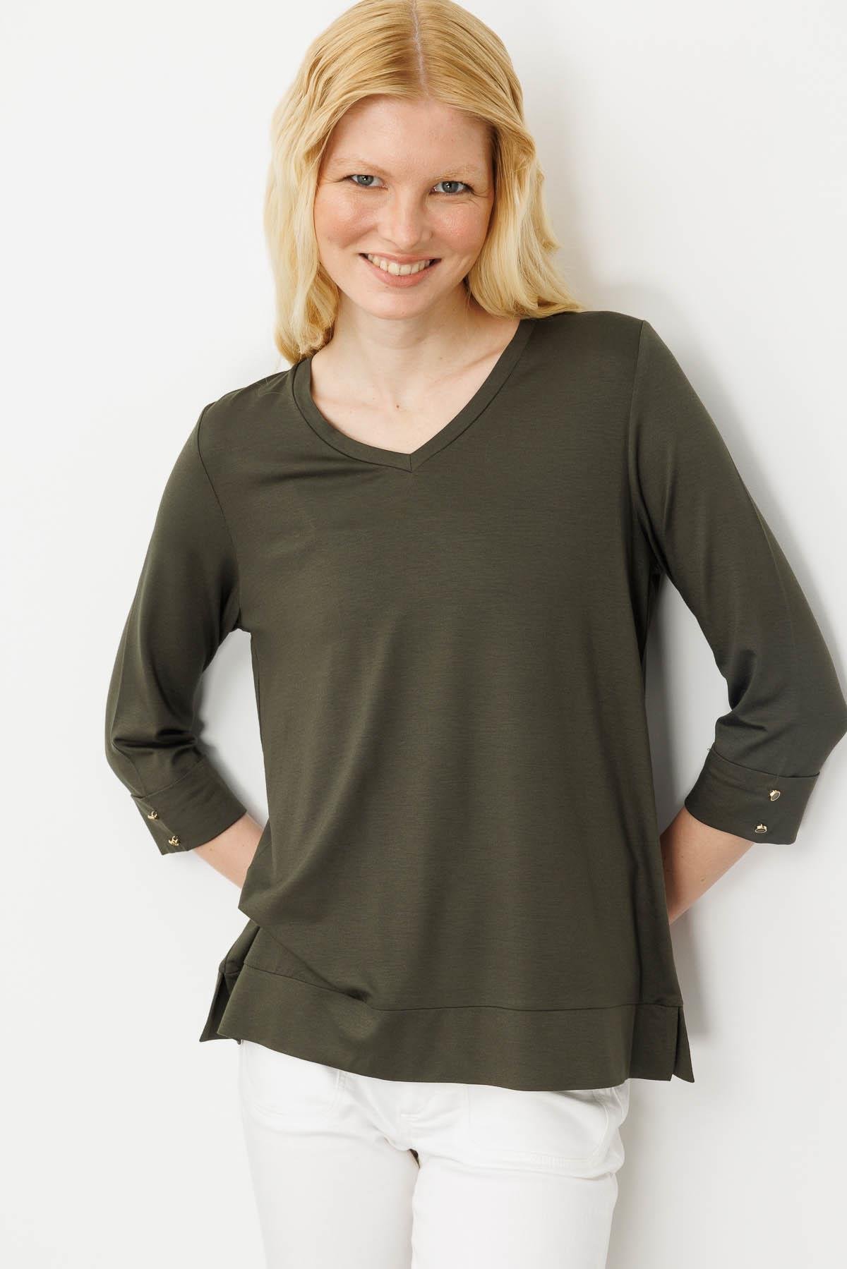 25753Kadın V Yaka Penye Bluz Haki
