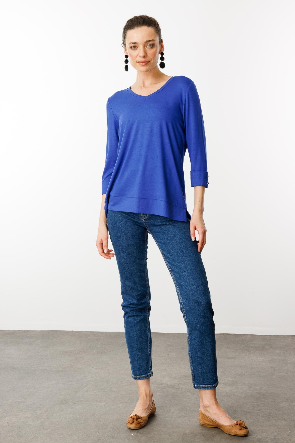 25753Kadın V Yaka Penye Bluz Sax