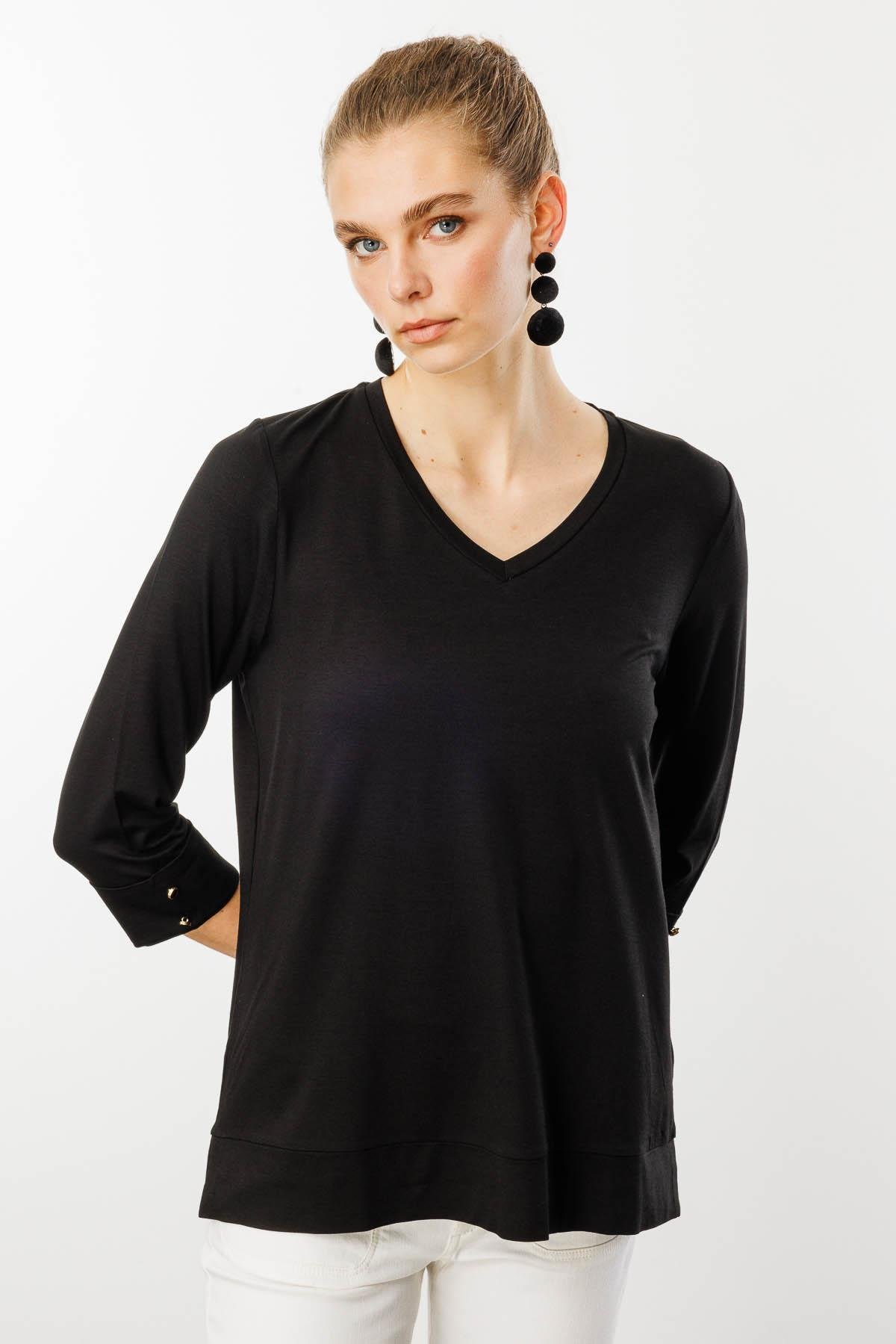 25753Kadın V Yaka Penye Bluz Siyah