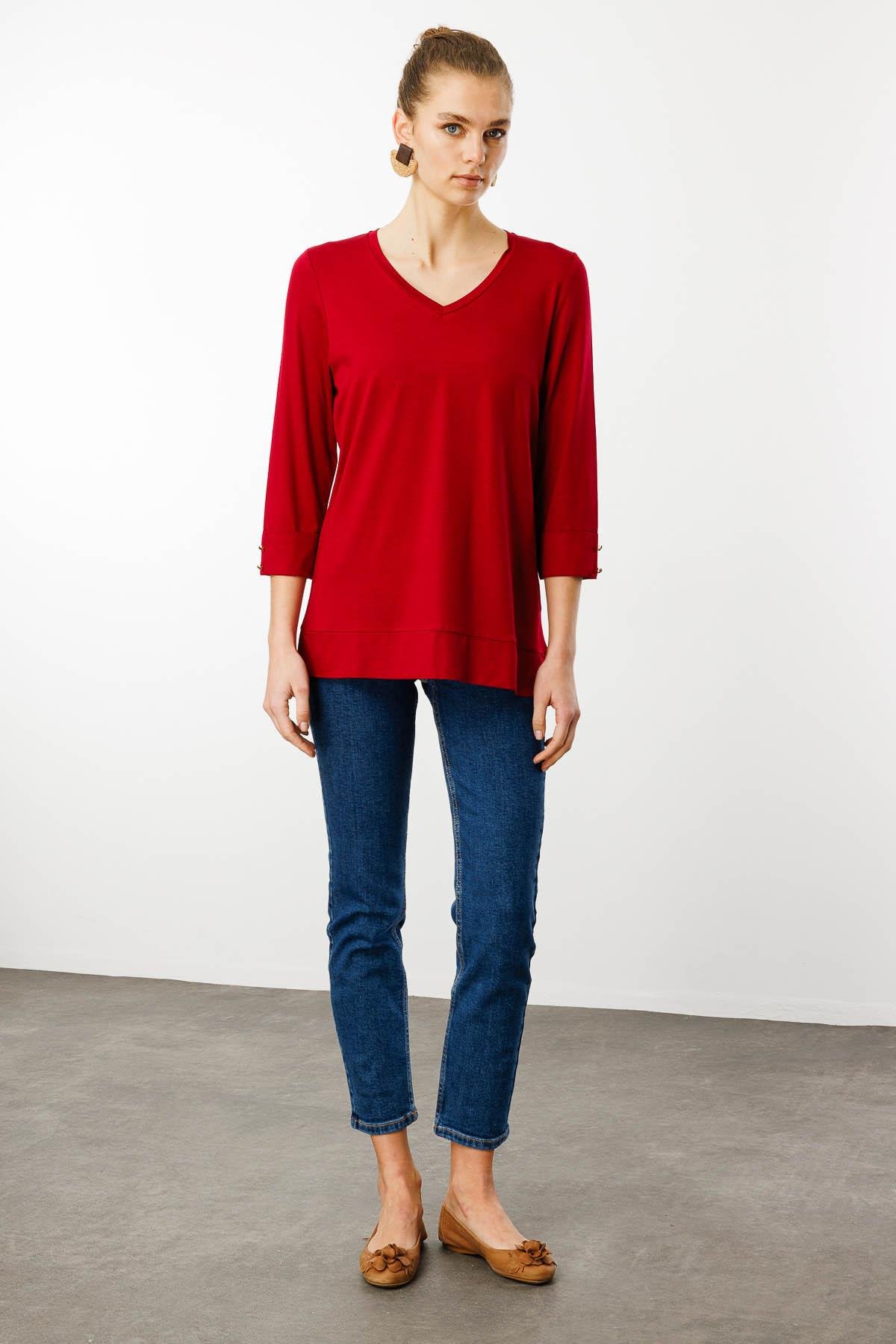 25753Kadın V Yaka Penye Bluz Vişne