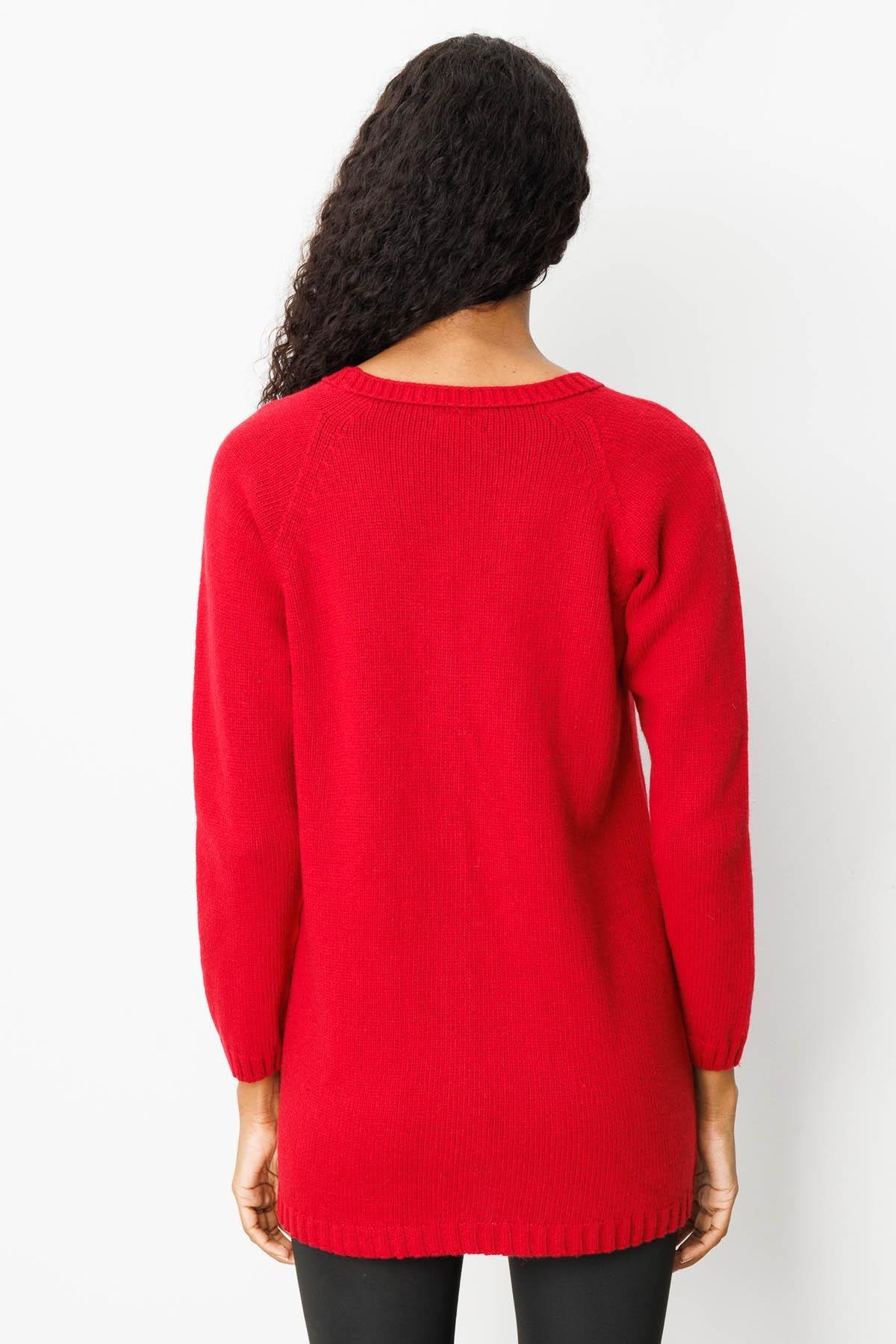 25178Kadın V Yaka Saç Örgülü Uzun Yün Hırka K.Kırmızı