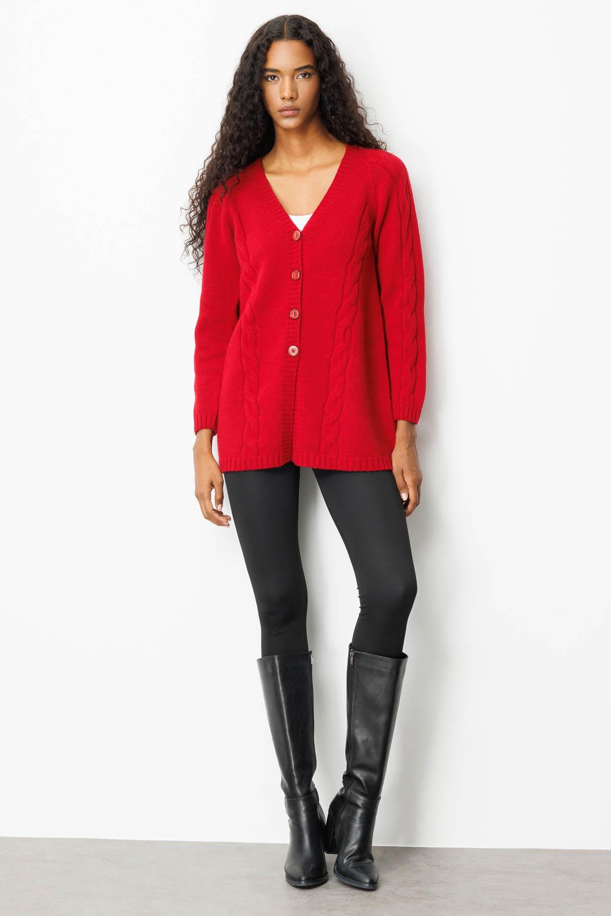 25178Kadın V Yaka Saç Örgülü Uzun Yün Hırka K.Kırmızı