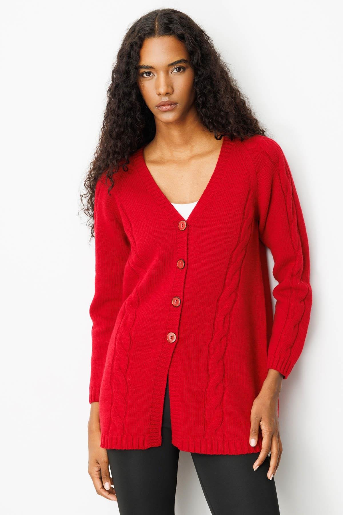 25178Kadın V Yaka Saç Örgülü Uzun Yün Hırka K.Kırmızı