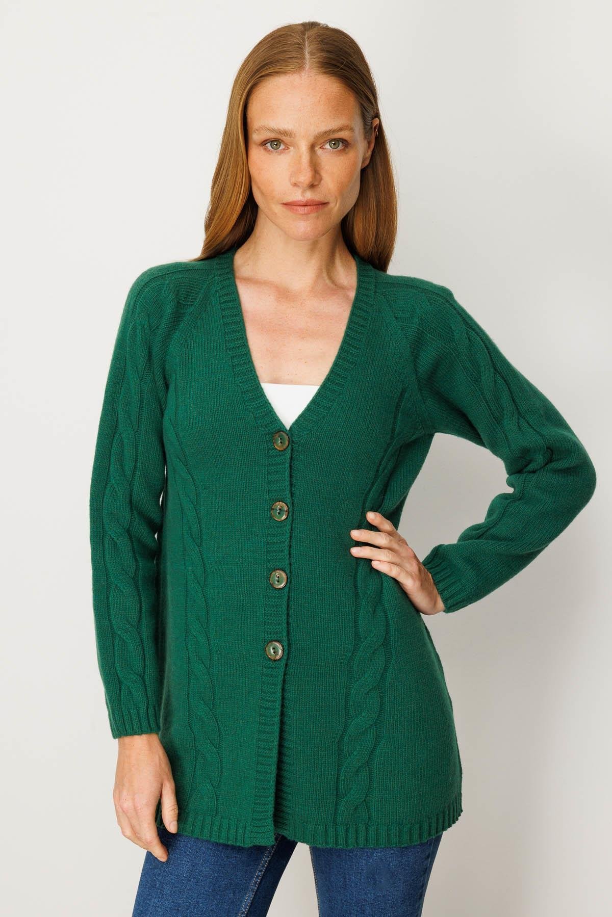 25178Kadın V Yaka Saç Örgülü Uzun Yün Hırka Ö.Başı