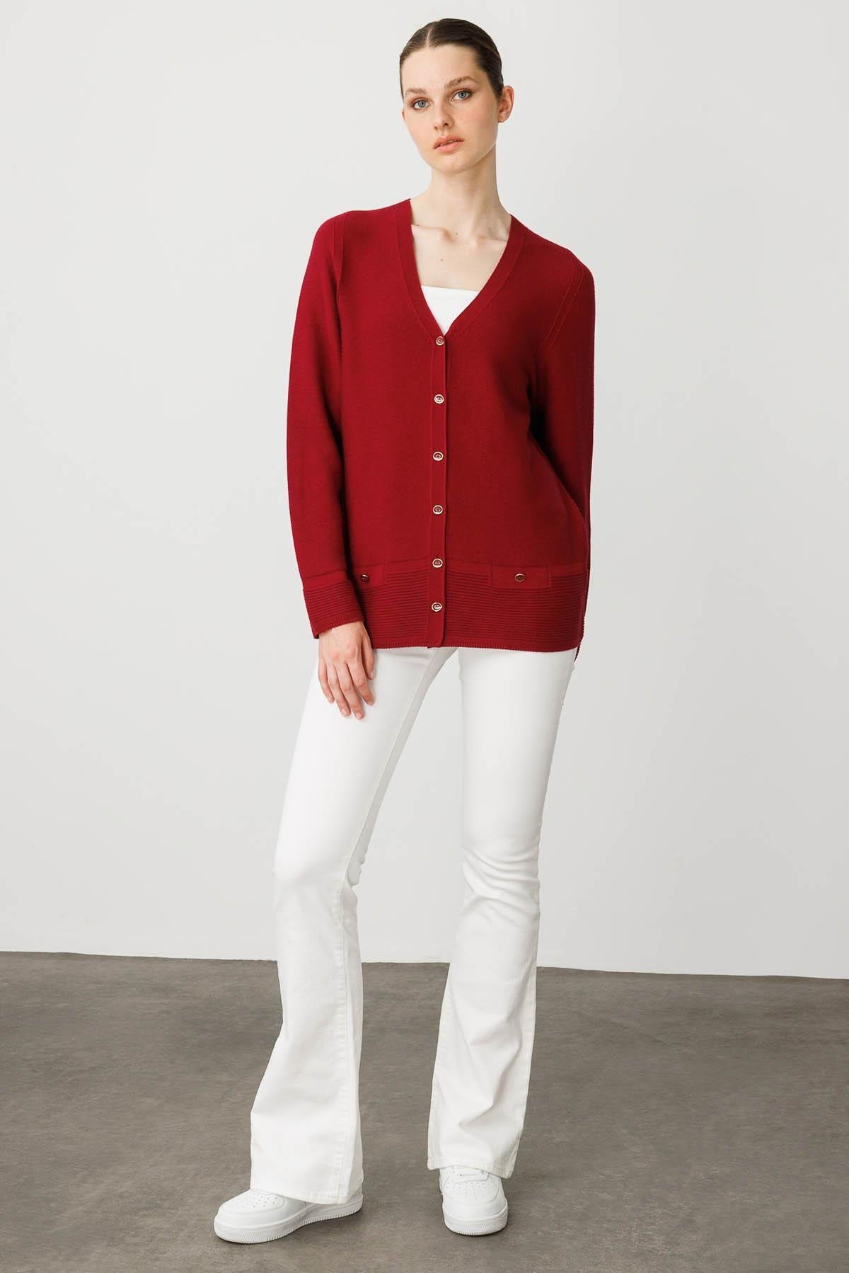 25244Kadın V Yaka Sahte Cepli Düğmeli Hırka V.Çürüğü