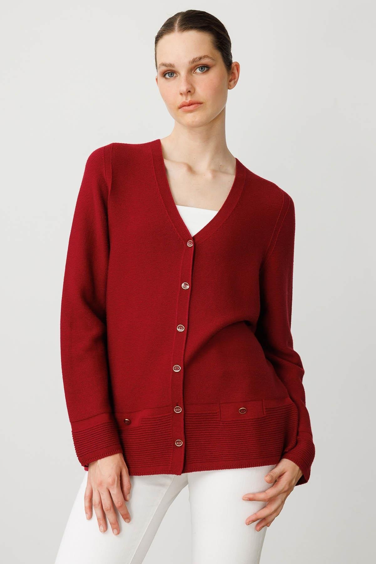 25244Kadın V Yaka Sahte Cepli Düğmeli Hırka V.Çürüğü