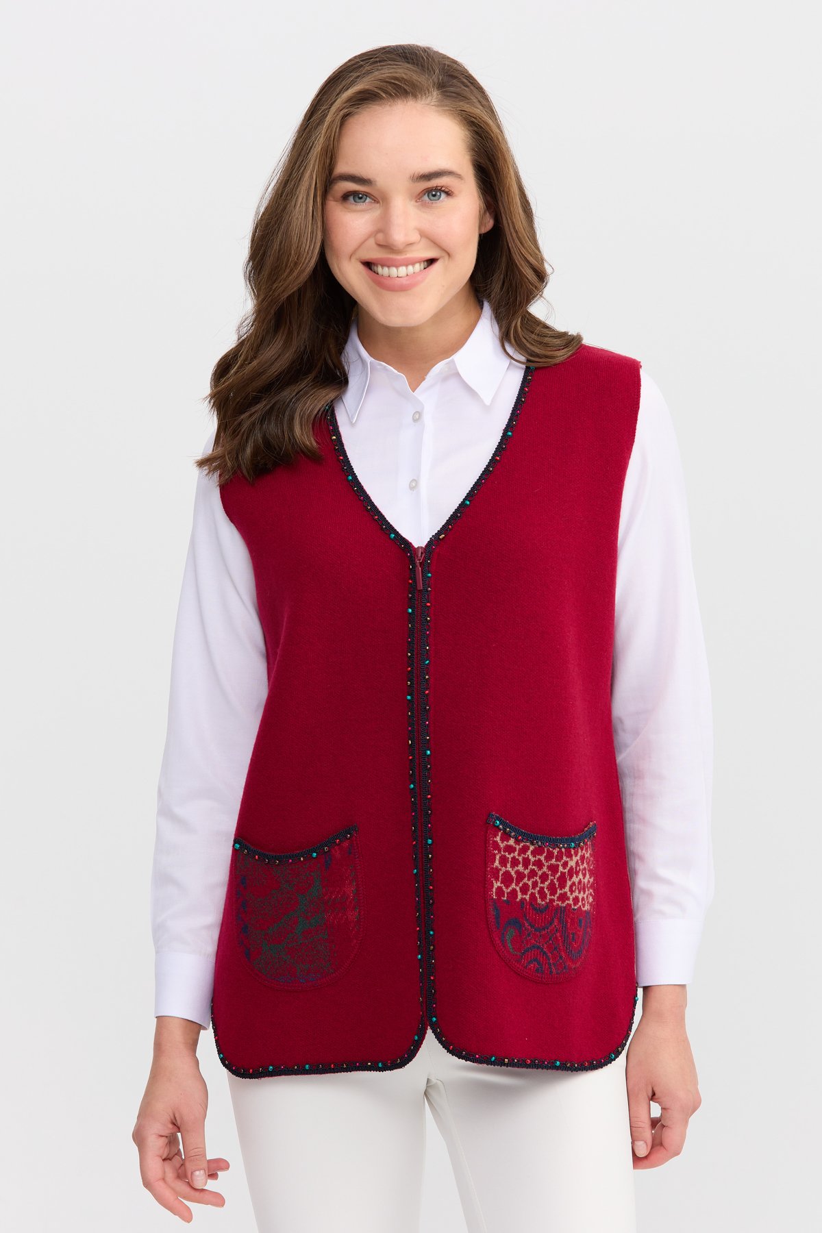 22112Kadın V Yaka Su Taşı Boncuk İşlemeli Kısa Yün Yelek V.Çürüğü