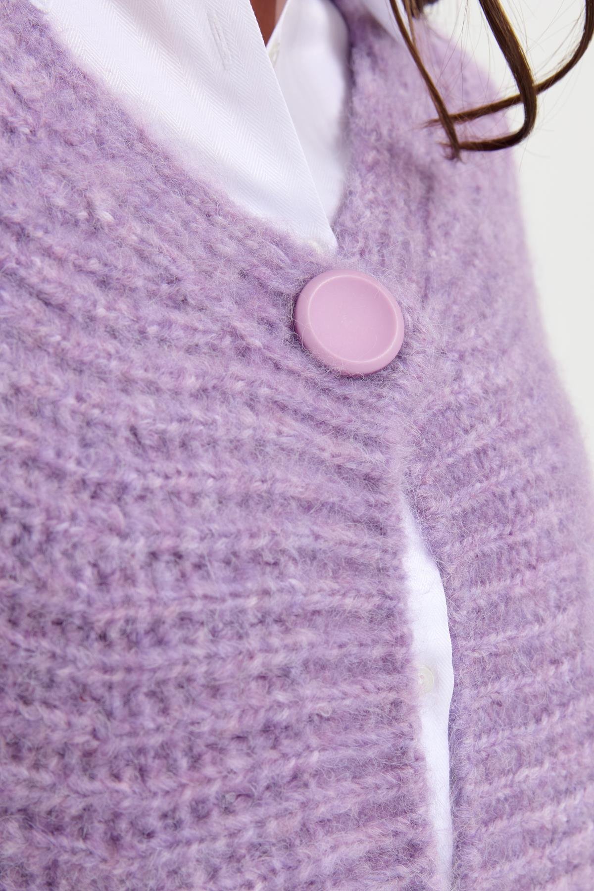 22194Kadın V Yaka Tek Düğmeli Kısa Yelek Lila