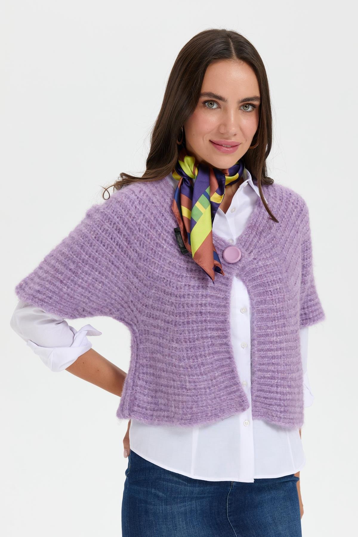 22194Kadın V Yaka Tek Düğmeli Kısa Yelek Lila