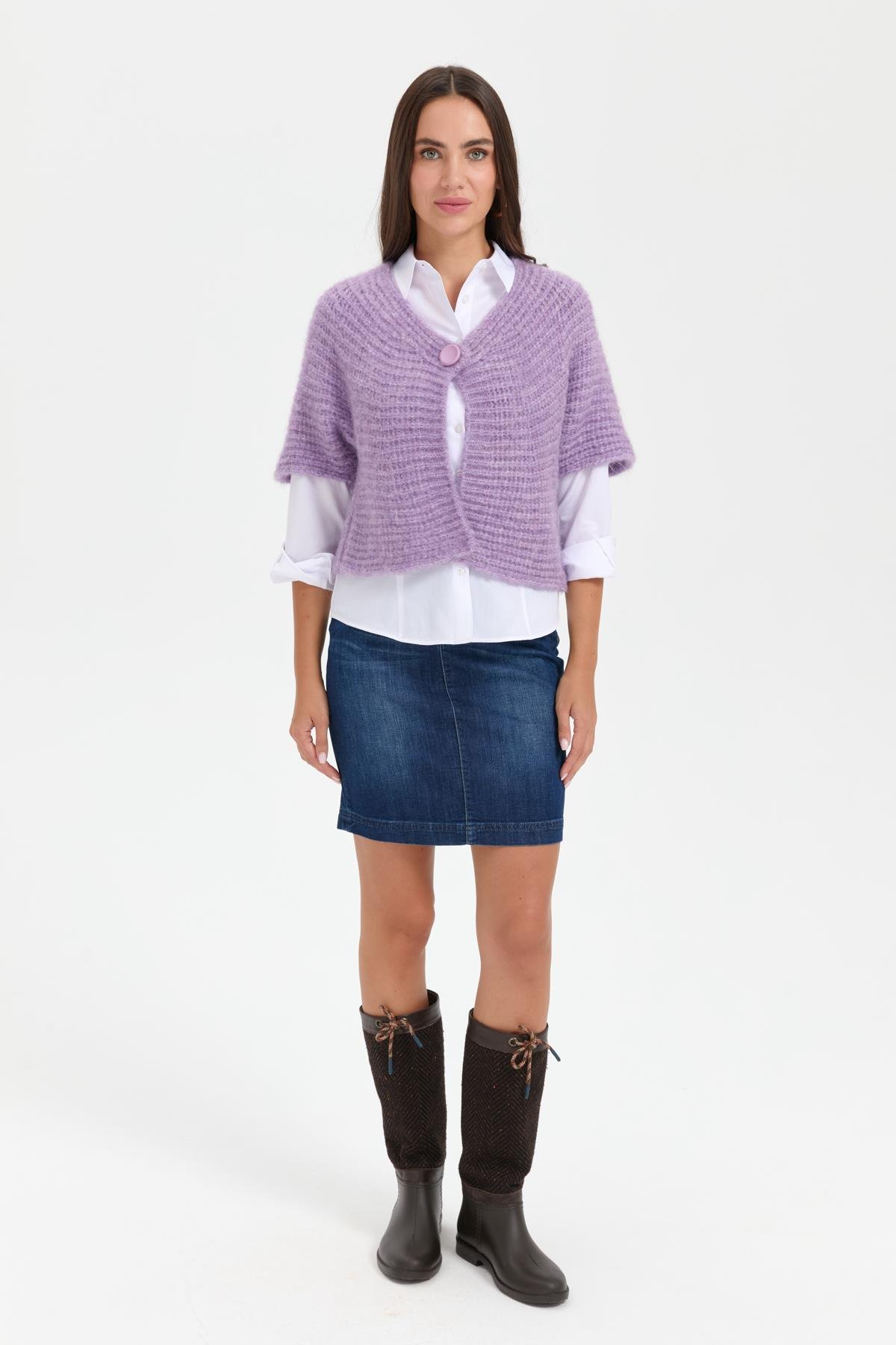 22194Kadın V Yaka Tek Düğmeli Kısa Yelek Lila