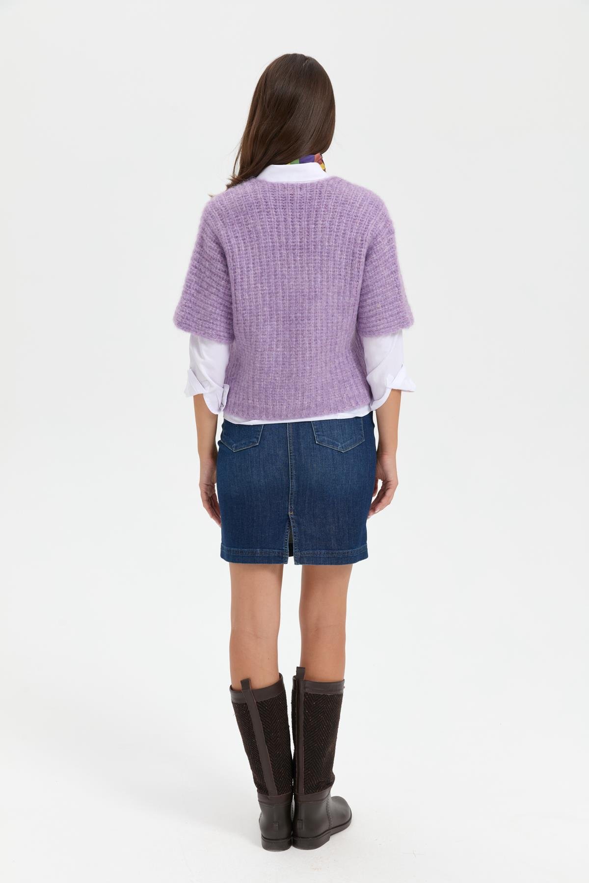 22194Kadın V Yaka Tek Düğmeli Kısa Yelek Lila