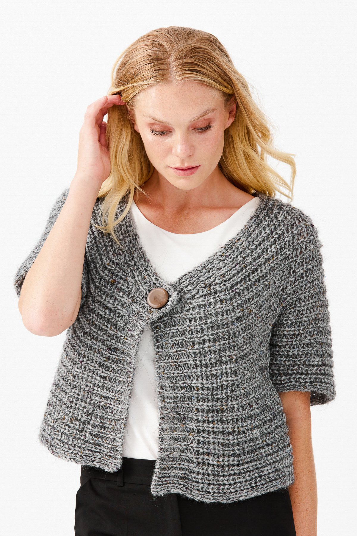 22194Женский короткий жилет на одной пуговице с v-образным вырезом, дымчатый