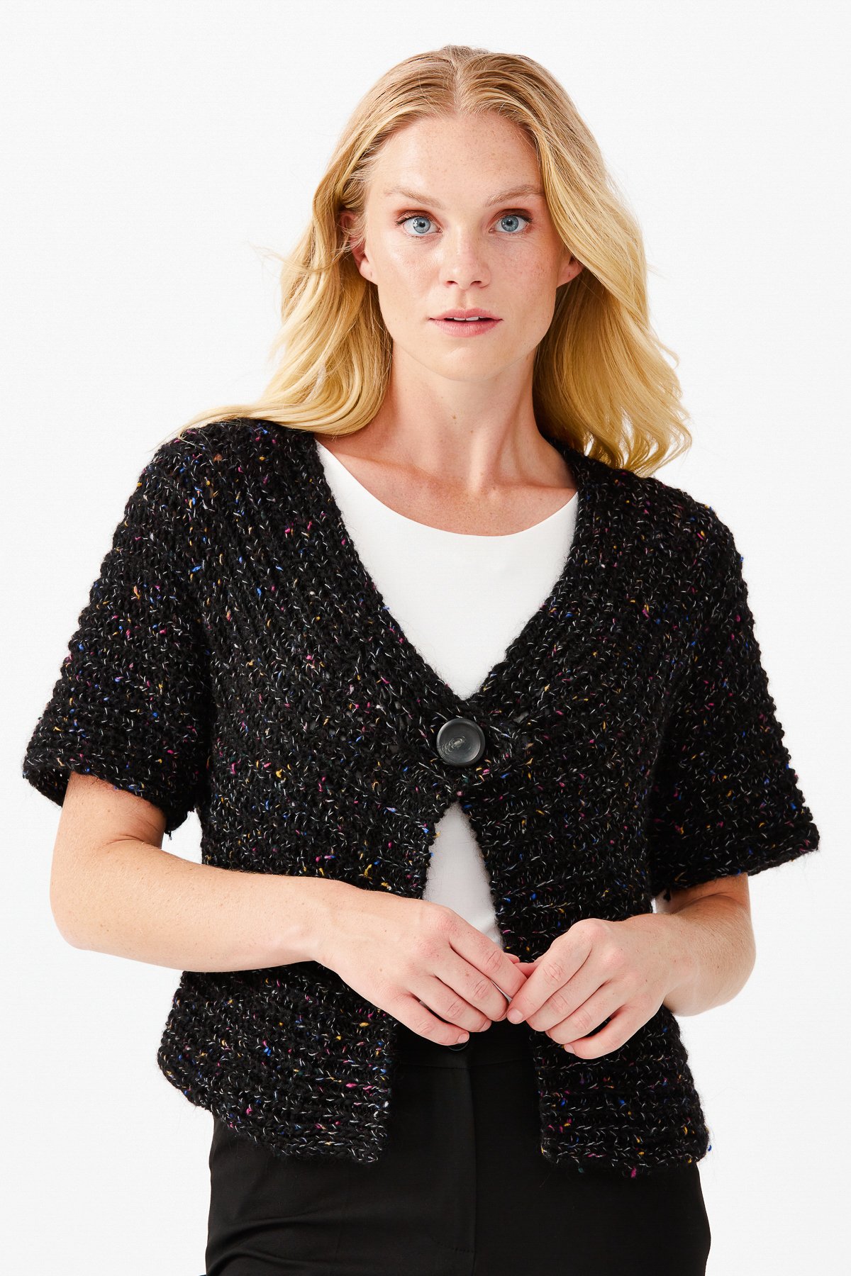 22194Женский короткий жилет на одной пуговице с v-образным вырезом, черный 