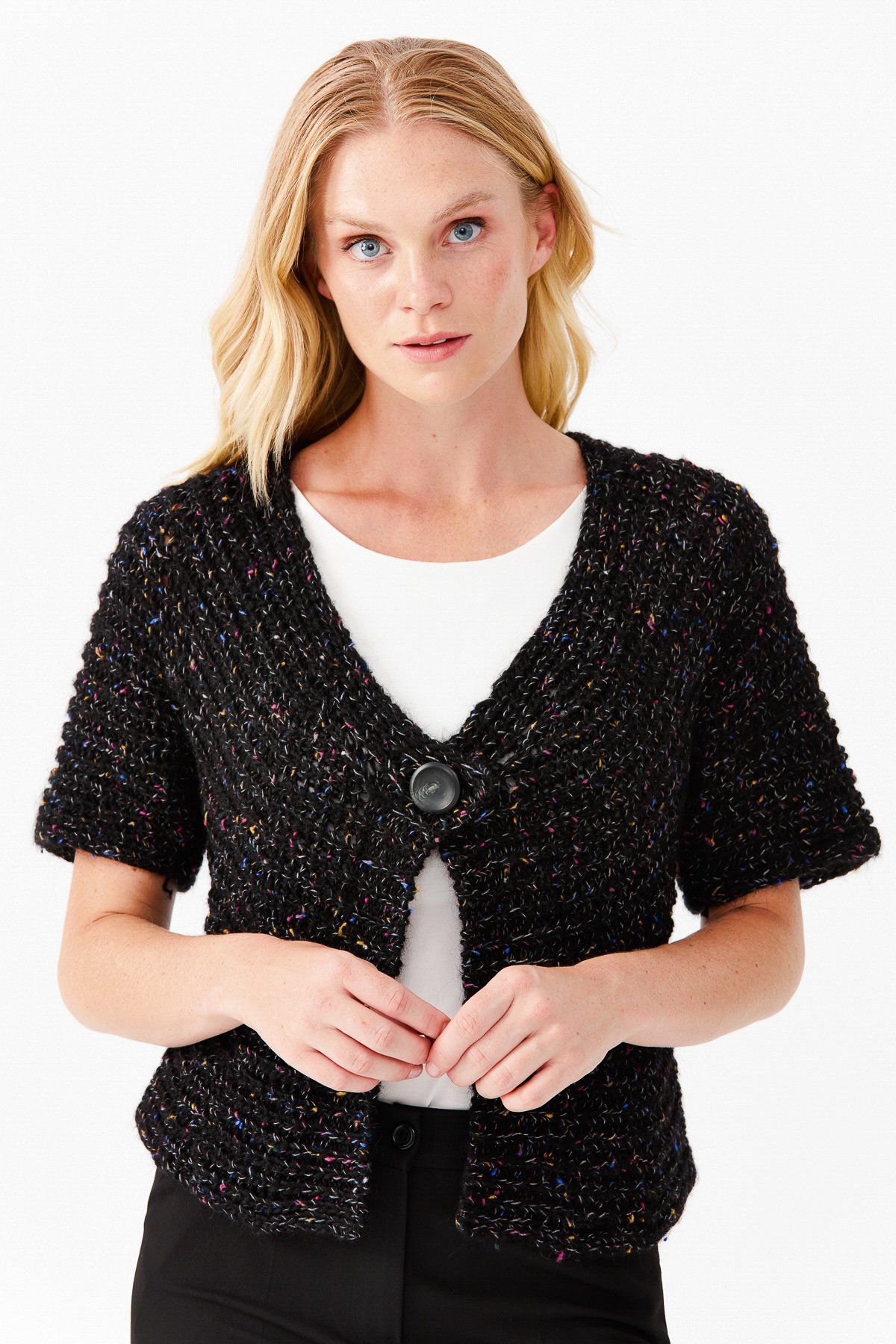 22194Женский короткий жилет на одной пуговице с v-образным вырезом, черный 