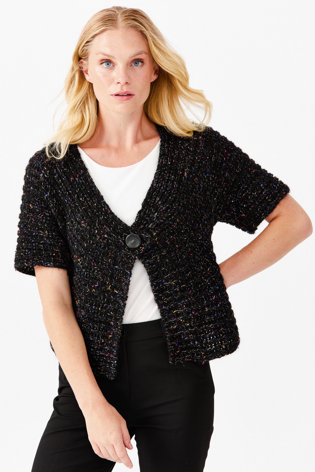 22194Женский короткий жилет на одной пуговице с v-образным вырезом, черный 