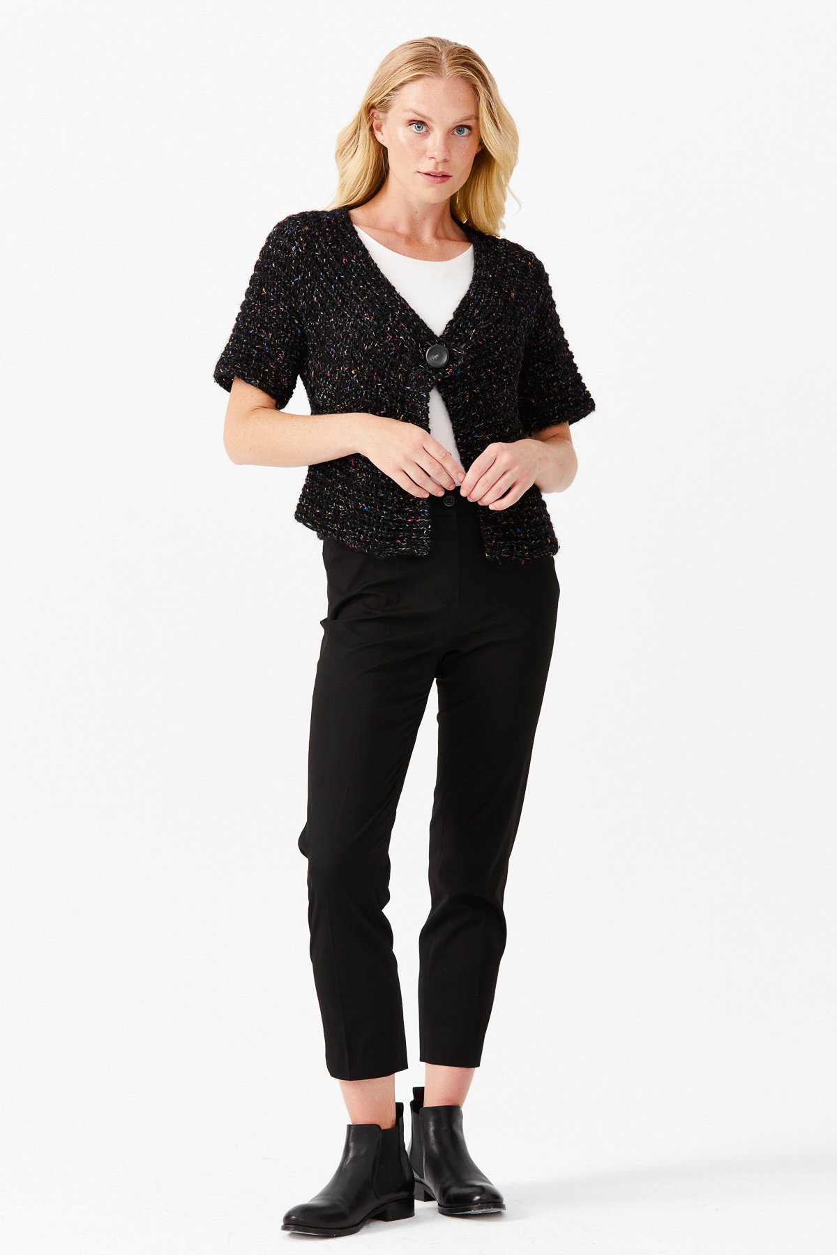 22194Женский короткий жилет на одной пуговице с v-образным вырезом, черный 