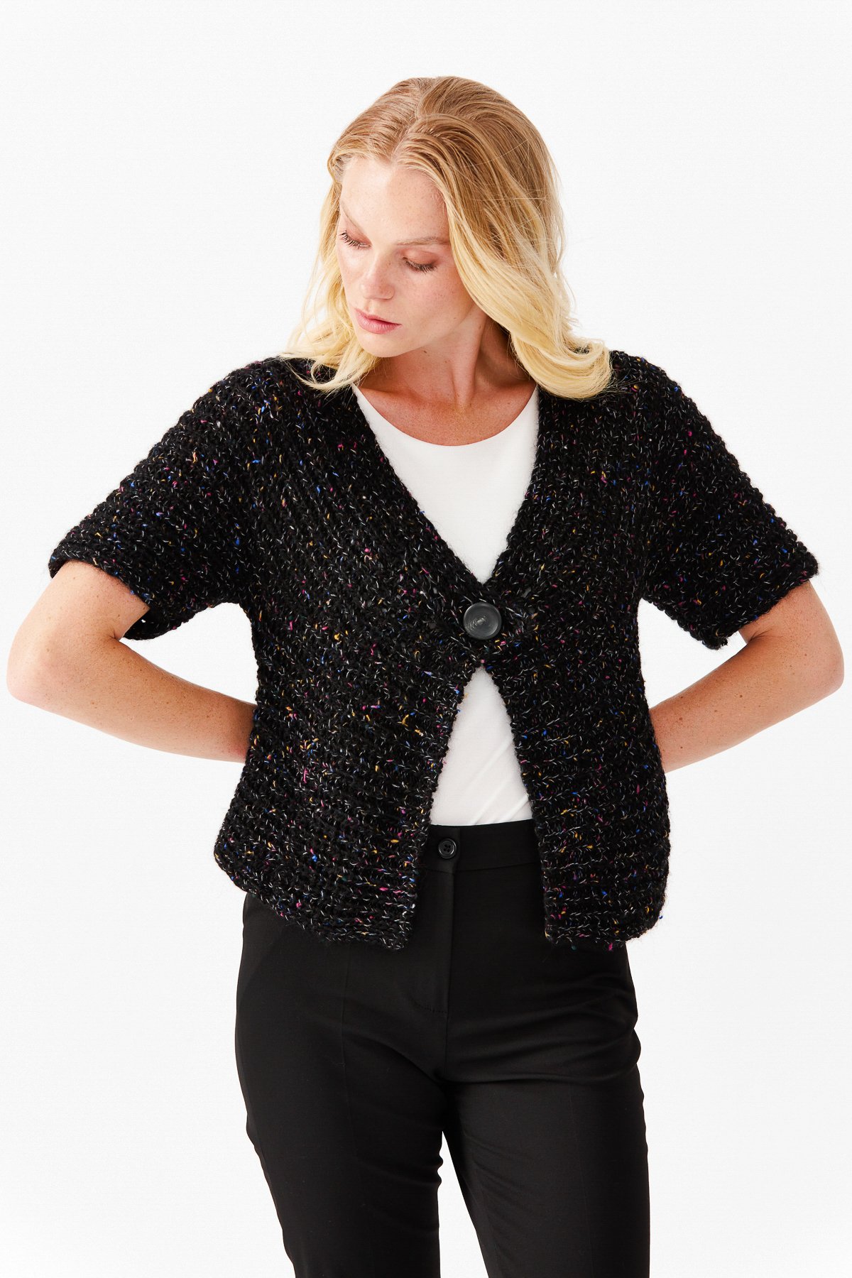 22194Женский короткий жилет на одной пуговице с v-образным вырезом, черный 