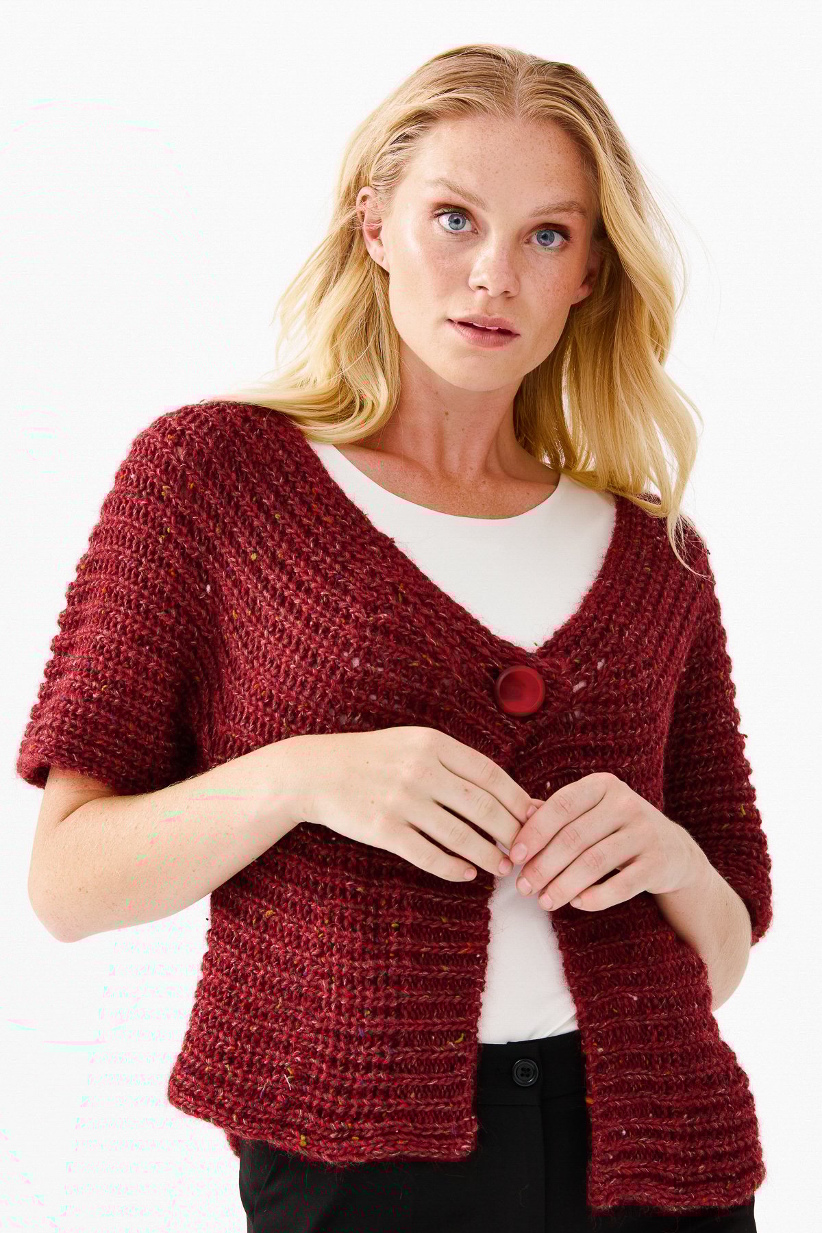 22194Женский короткий жилет на одной пуговице с v-образным вырезом, красный