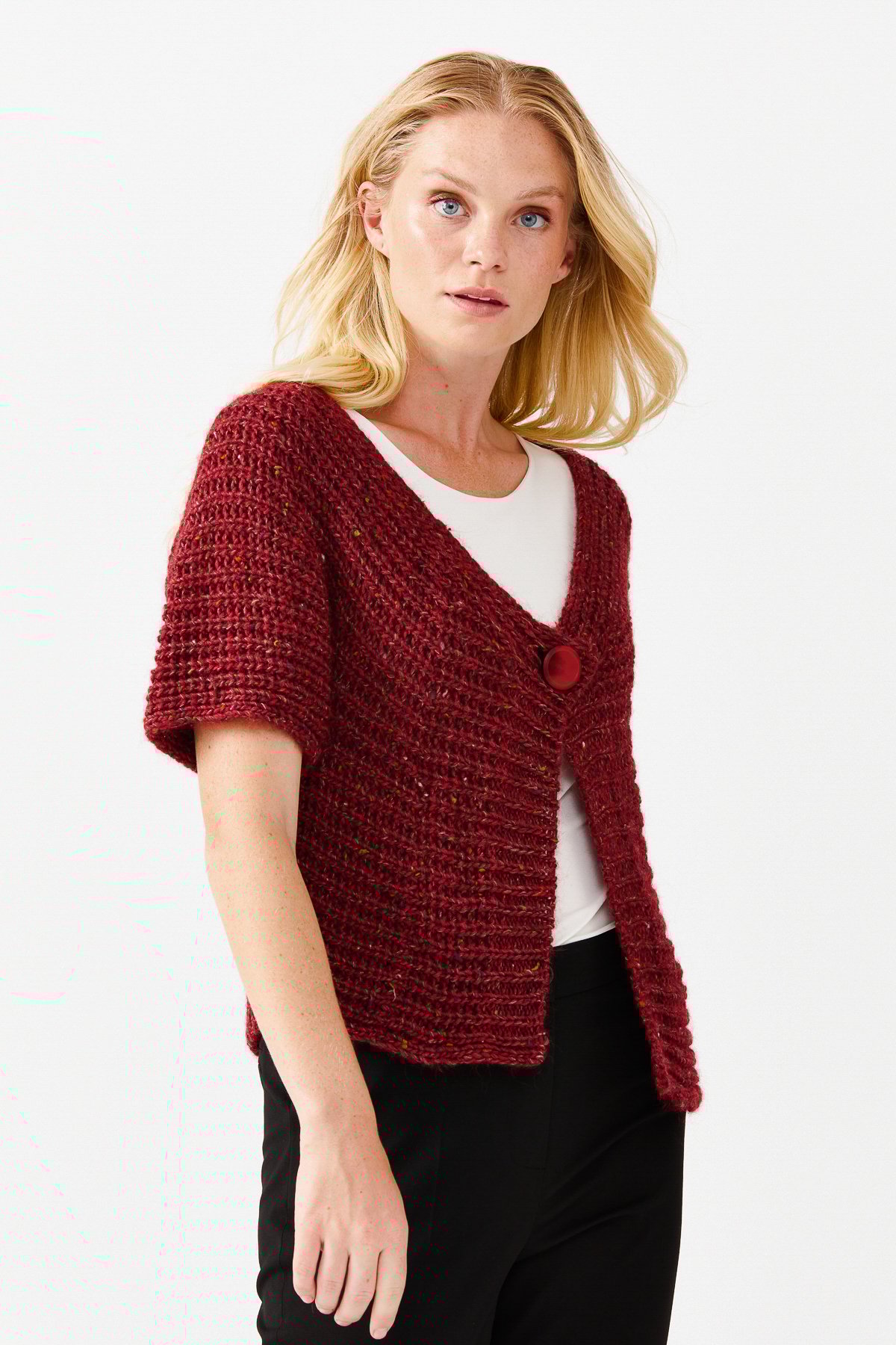 22194Женский короткий жилет на одной пуговице с v-образным вырезом, красный