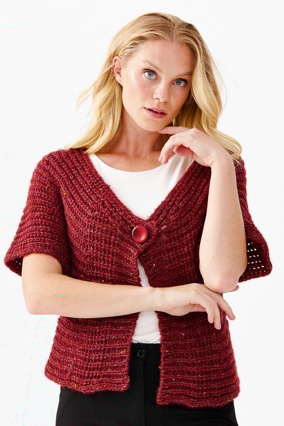 22194Женский короткий жилет на одной пуговице с v-образным вырезом, красный